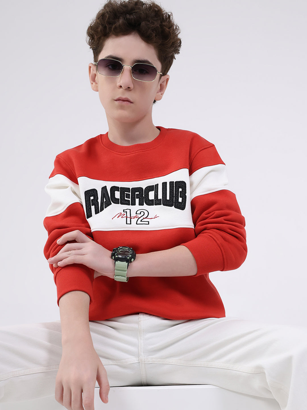 Boys Red Printed Round Neck Full Sleeve Sweatshirt