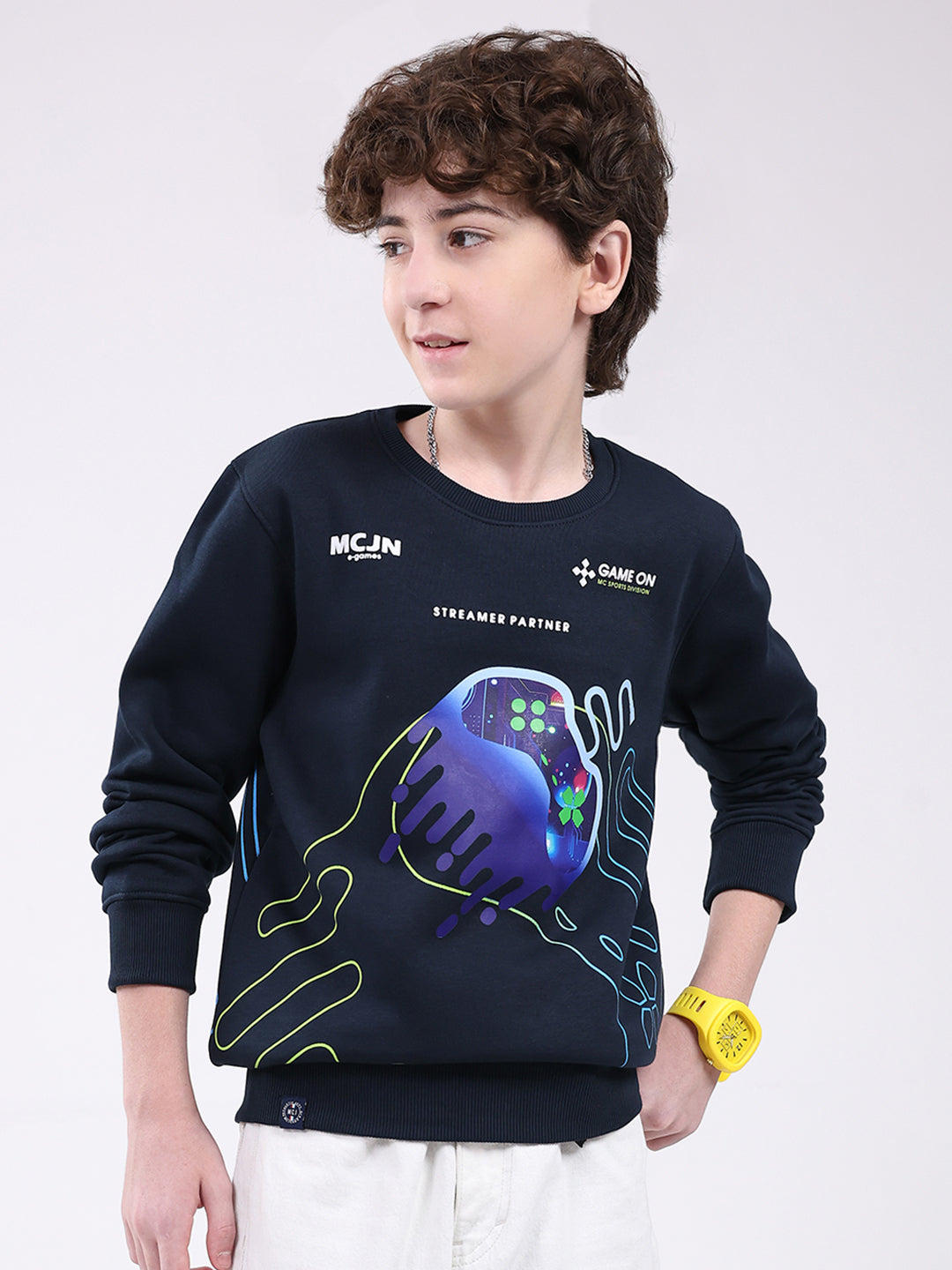 Boys Navy Blue Printed Round Neck Full Sleeve Sweatshirt