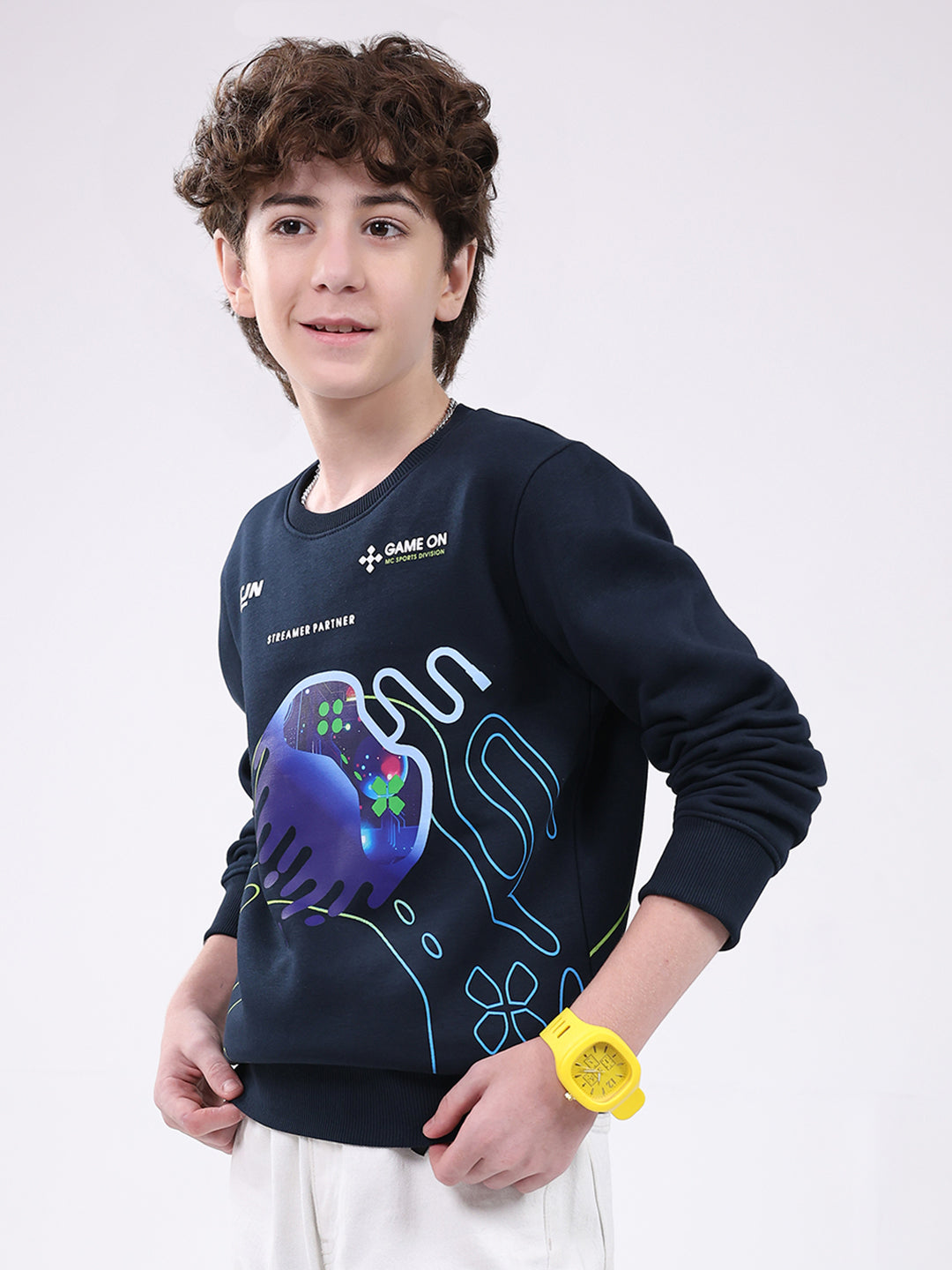 Boys Navy Blue Printed Round Neck Full Sleeve Sweatshirt