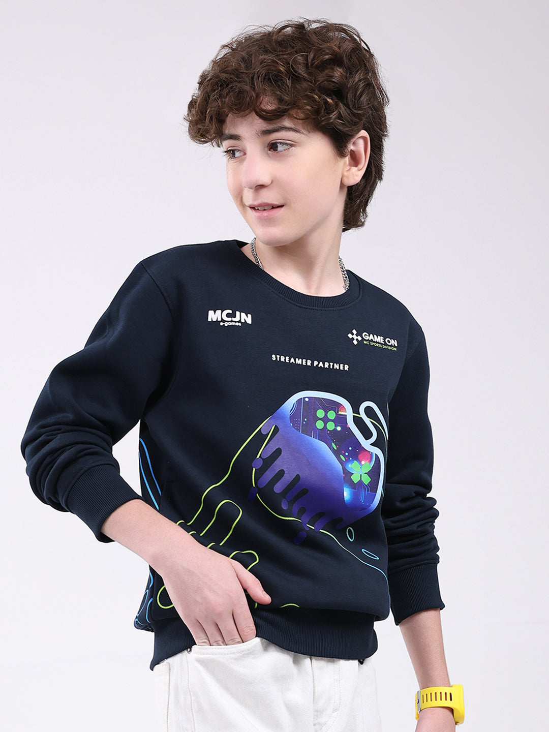 Boys Navy Blue Printed Round Neck Full Sleeve Sweatshirt