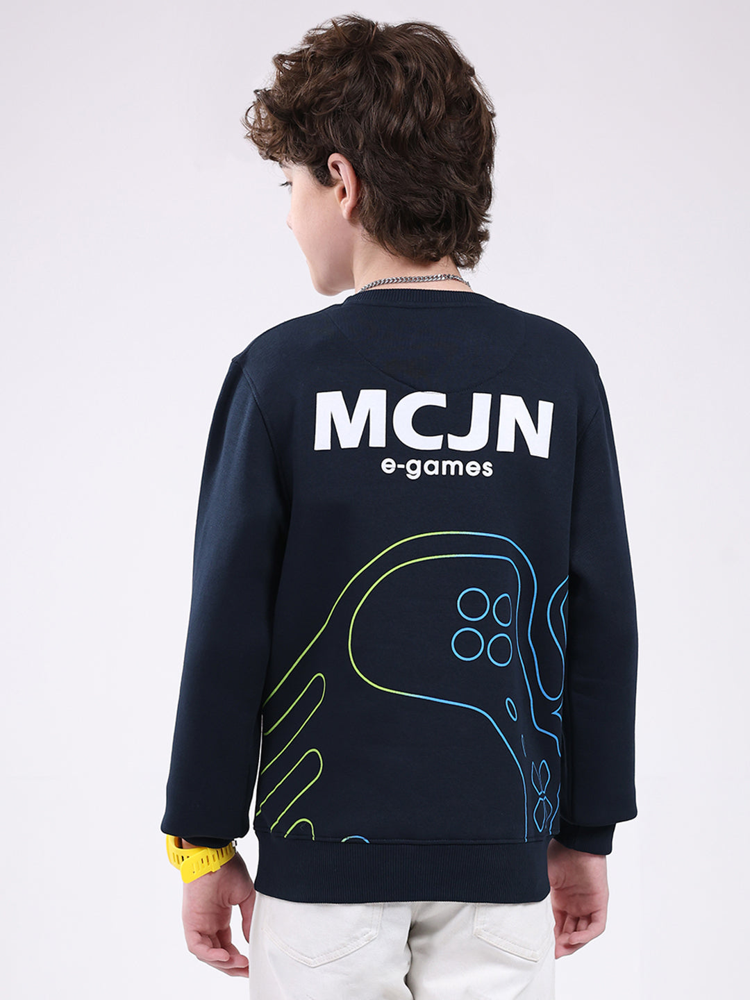 Boys Navy Blue Printed Round Neck Full Sleeve Sweatshirt
