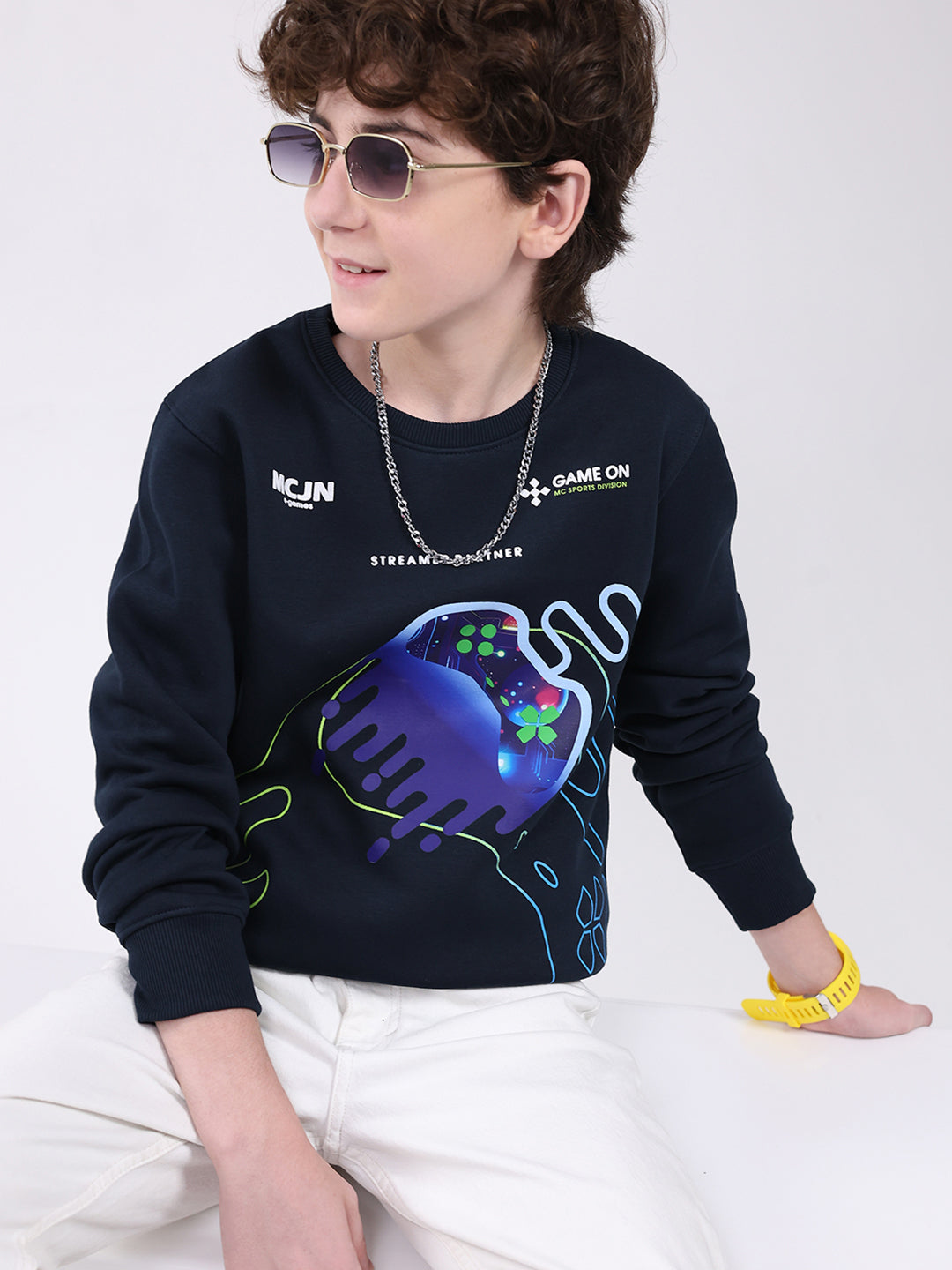 Boys Navy Blue Printed Round Neck Full Sleeve Sweatshirt