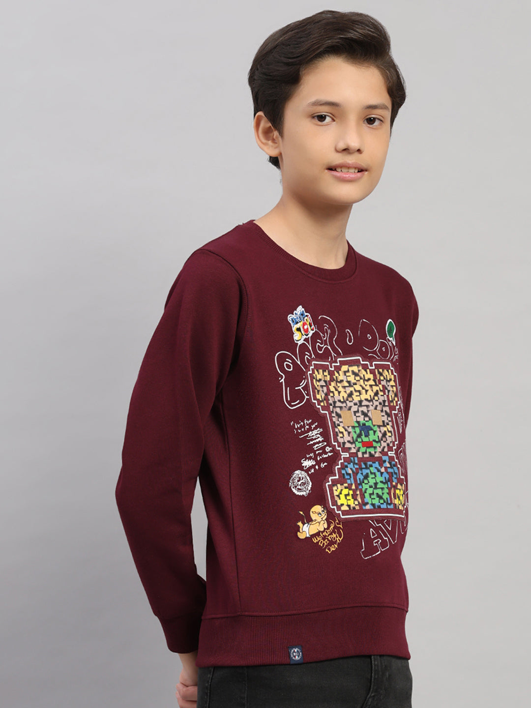 Boys Maroon Printed Round Neck Full Sleeve Sweatshirt