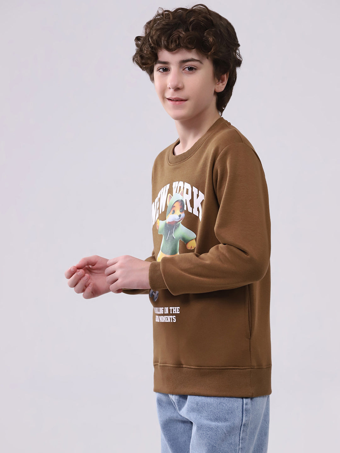 Boys Brown Printed Round Neck Full Sleeve Sweatshirt