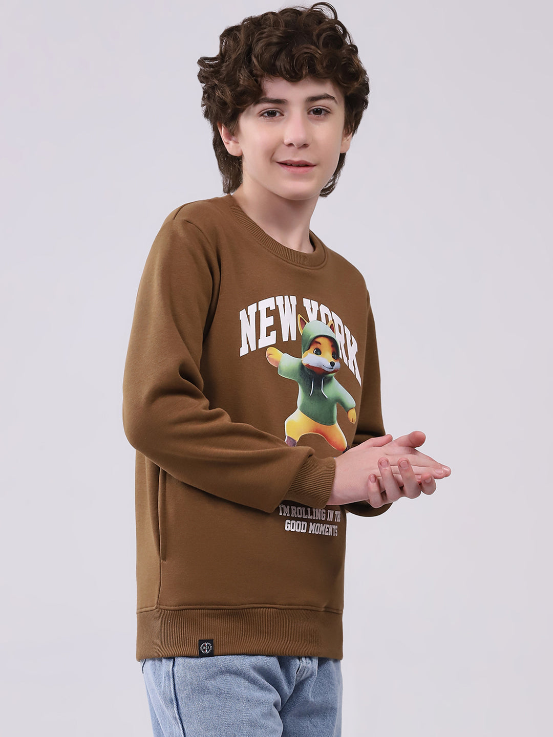 Boys Brown Printed Round Neck Full Sleeve Sweatshirt