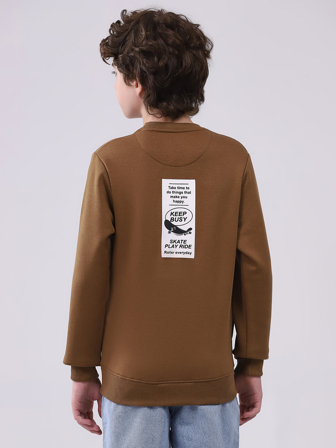 Boys Brown Printed Round Neck Full Sleeve Sweatshirt