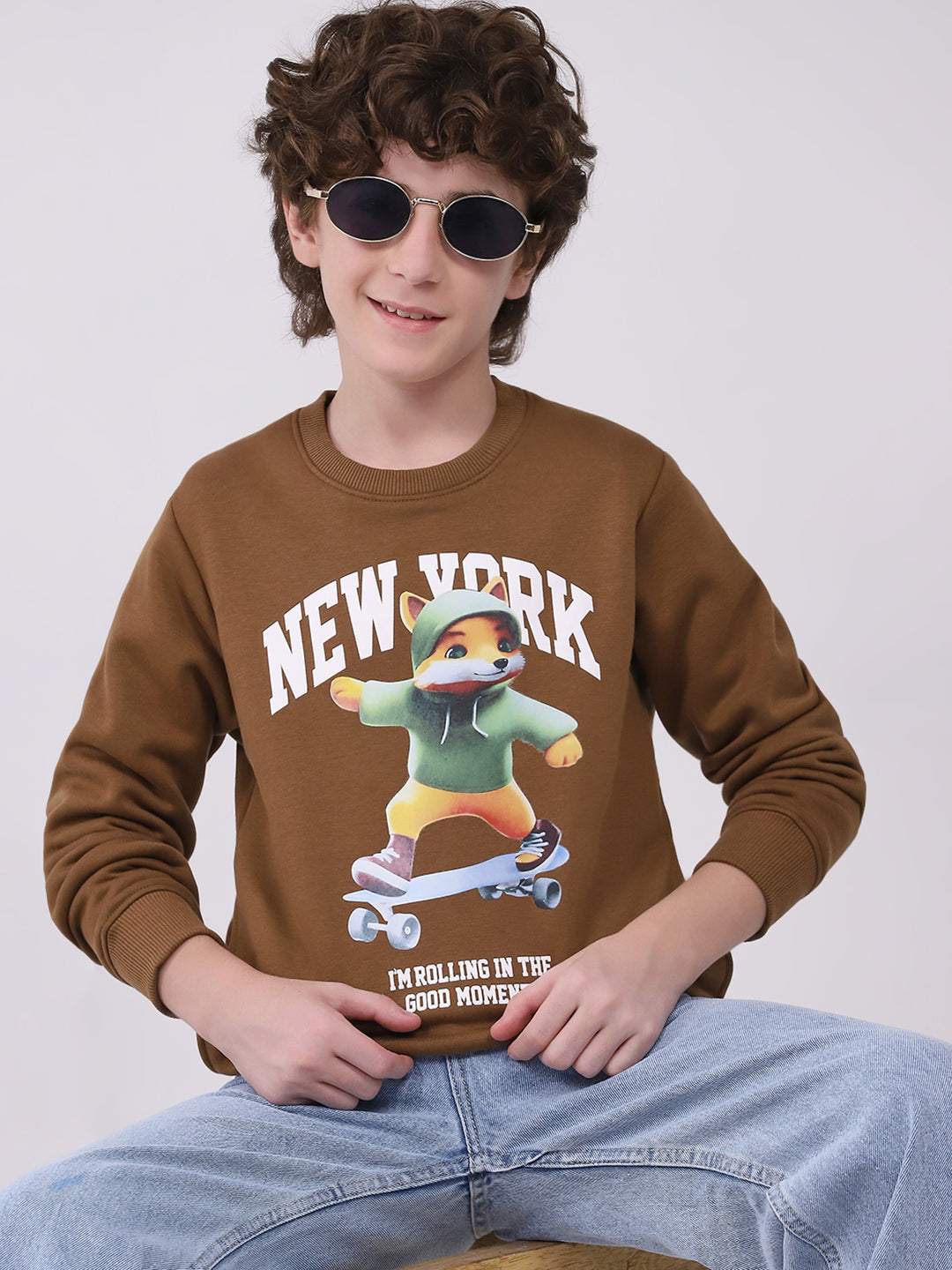 Boys Brown Printed Round Neck Full Sleeve Sweatshirt