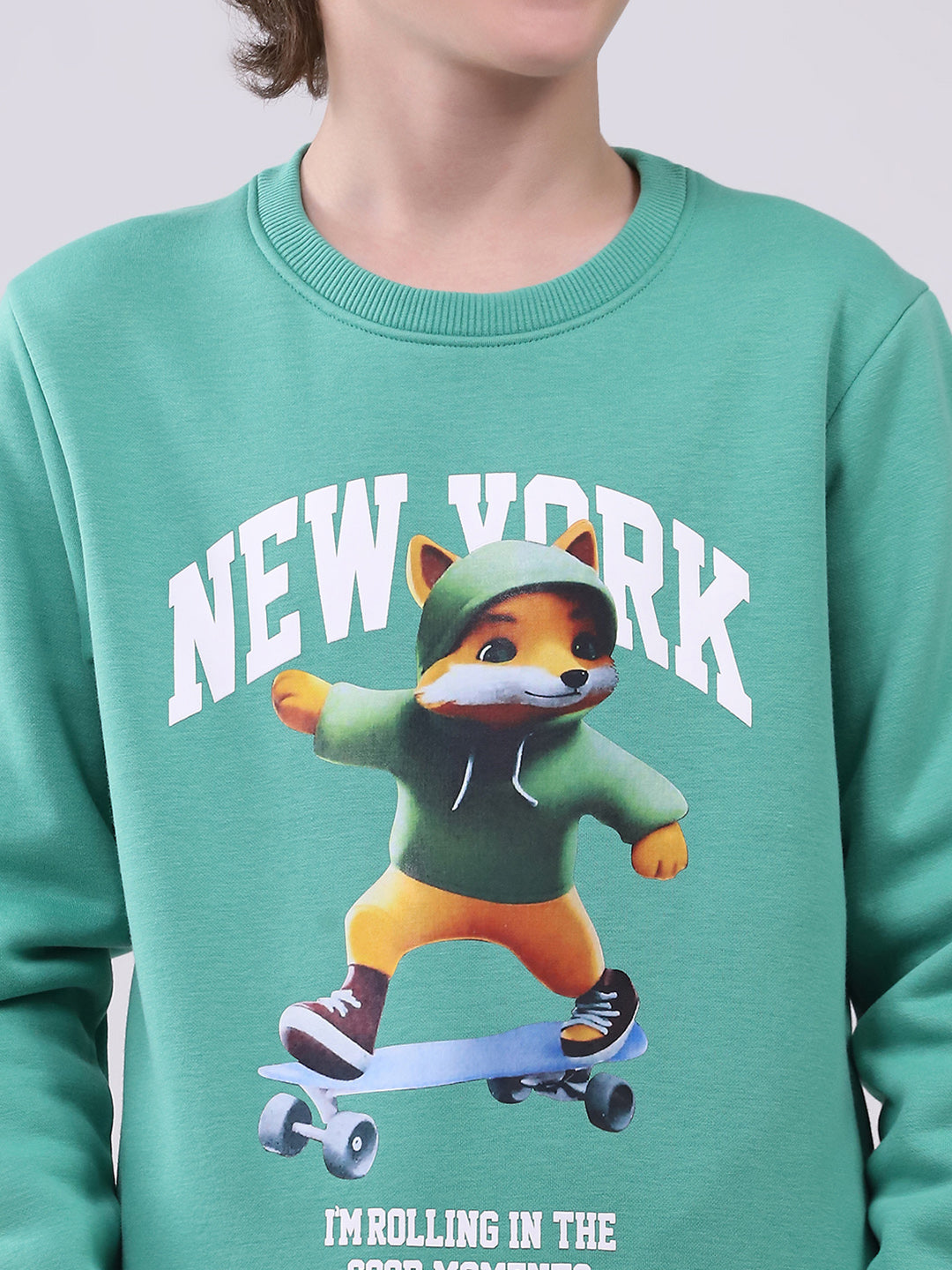 Boys Green Printed Round Neck Full Sleeve Sweatshirt