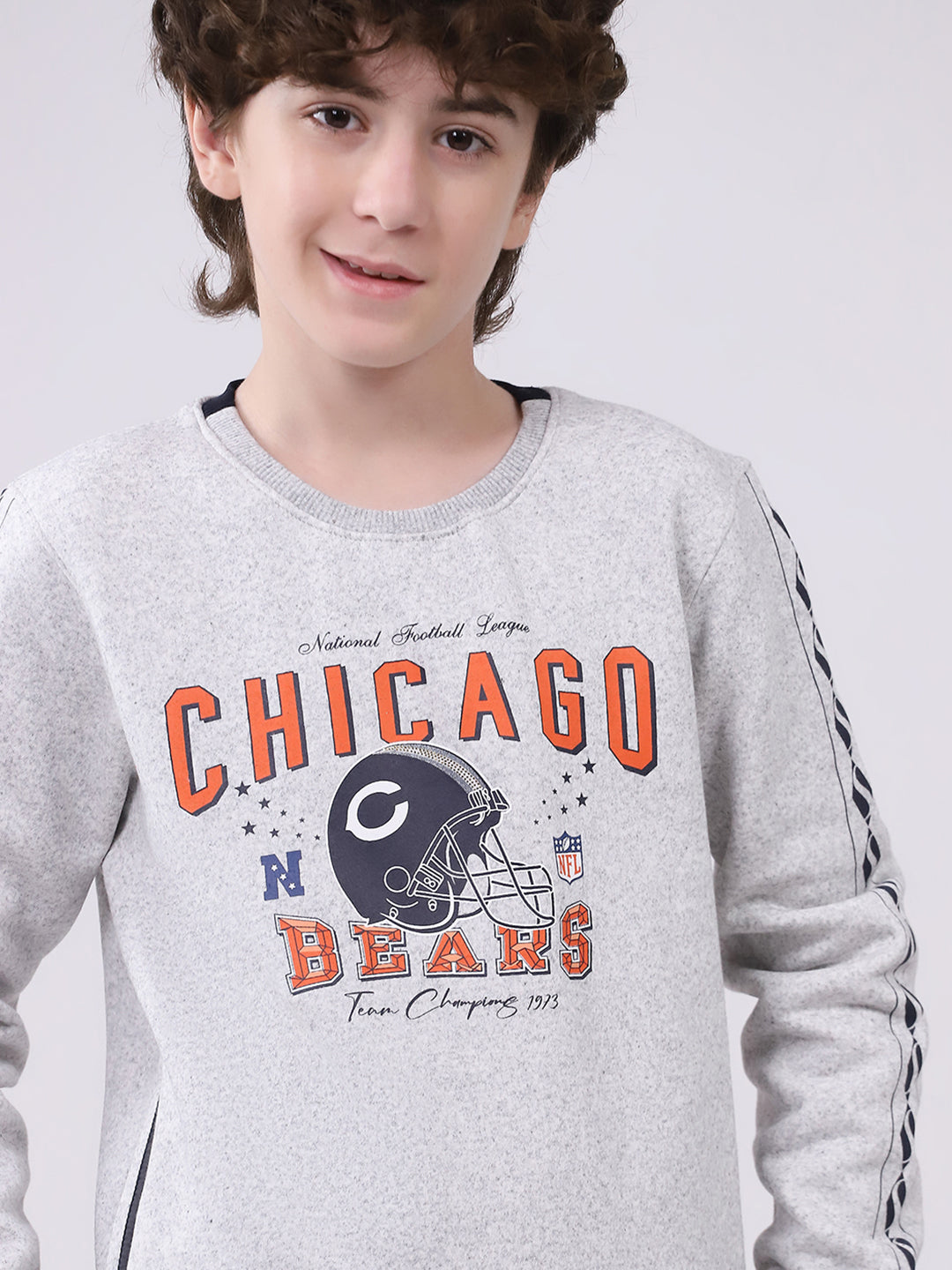 Boys Grey Printed Round Neck Full Sleeve Sweatshirt
