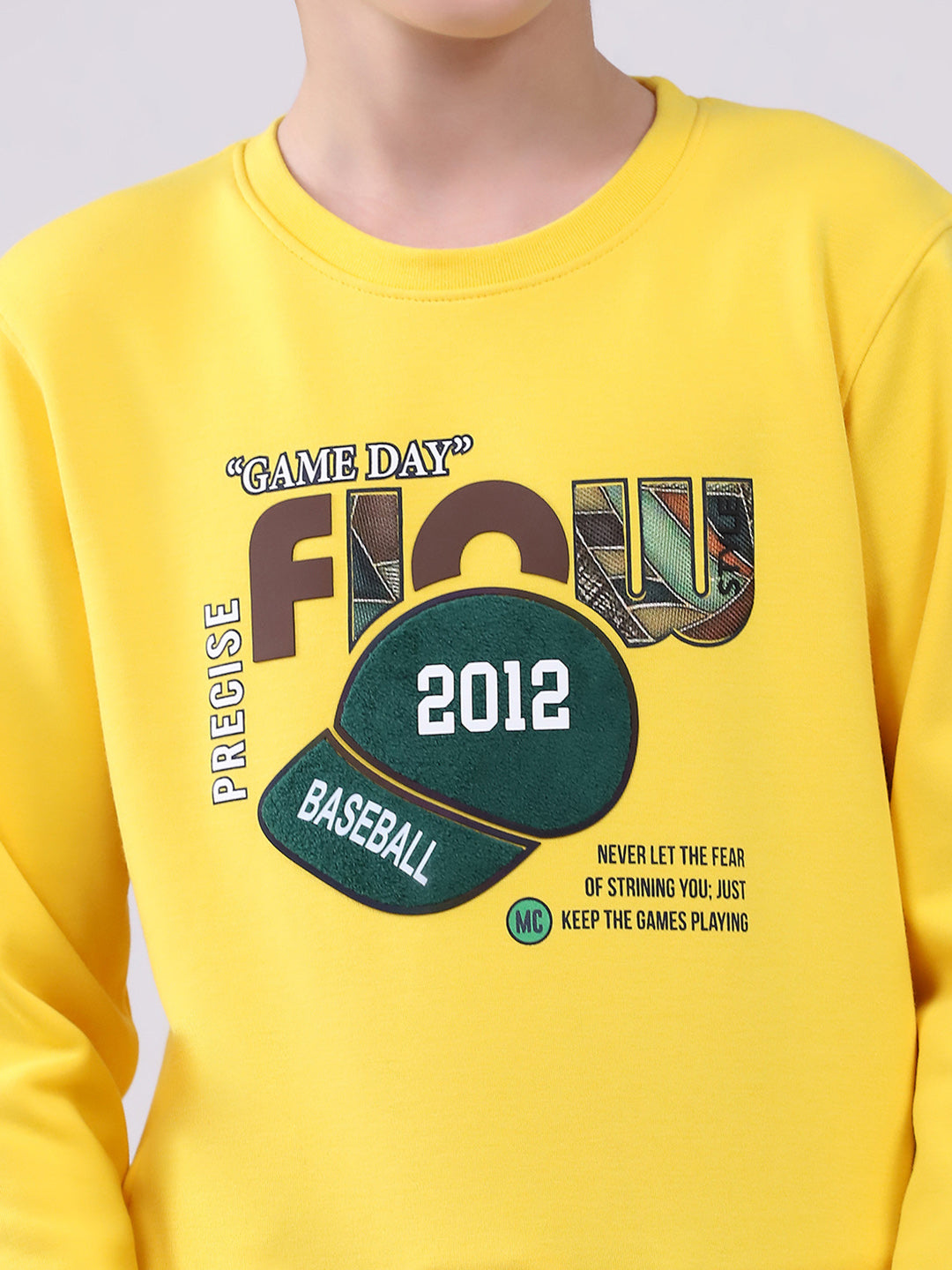 Boys Yellow Printed Round Neck Full Sleeve Sweatshirt