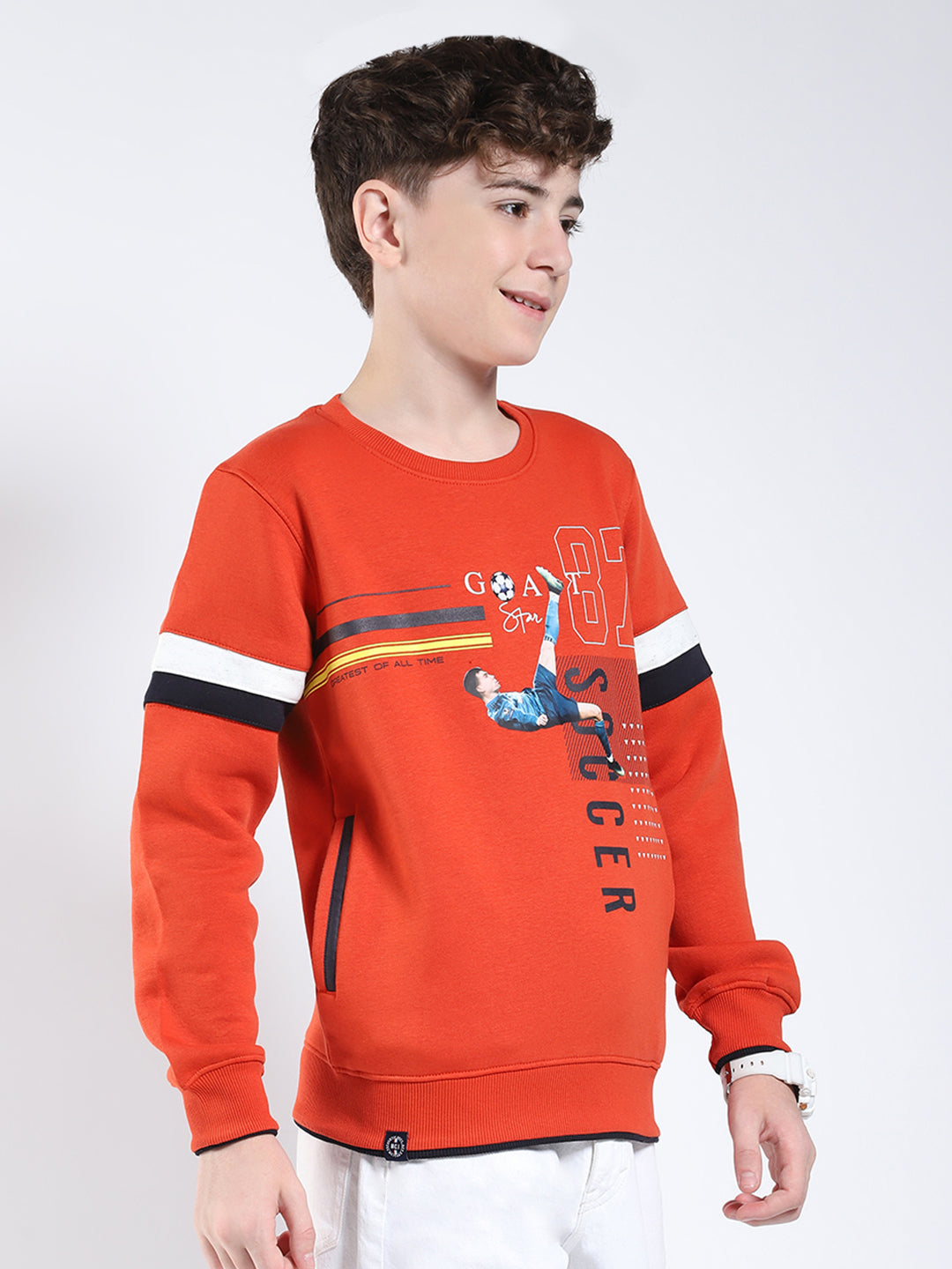 Boys Rust Printed Round Neck Full Sleeve Sweatshirt