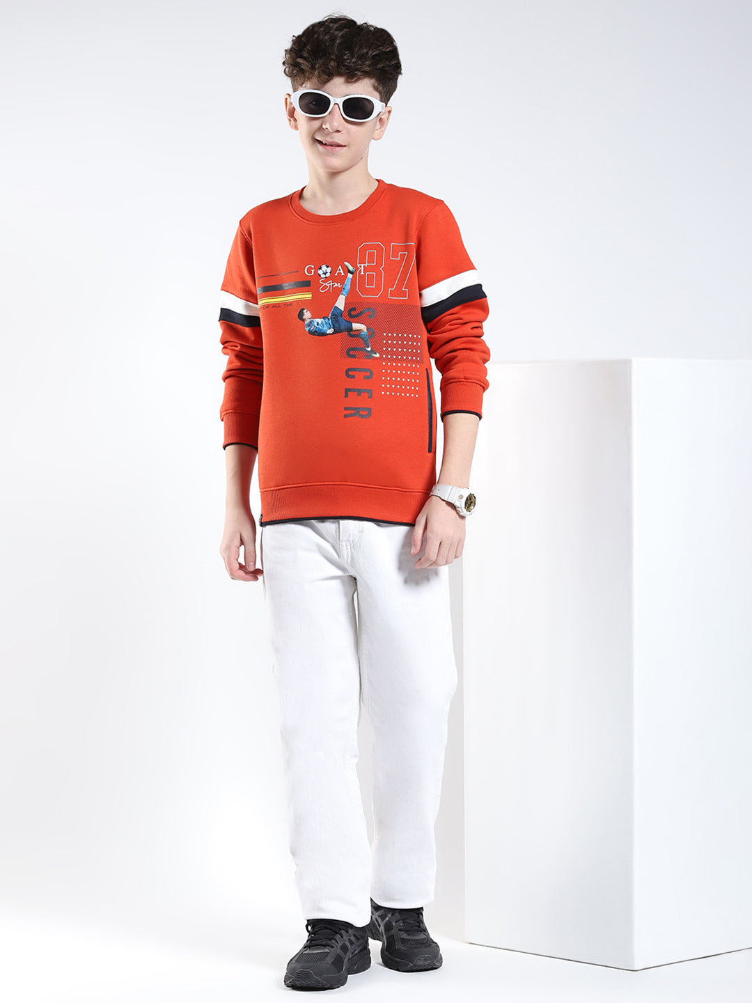 Boys Rust Printed Round Neck Full Sleeve Sweatshirt