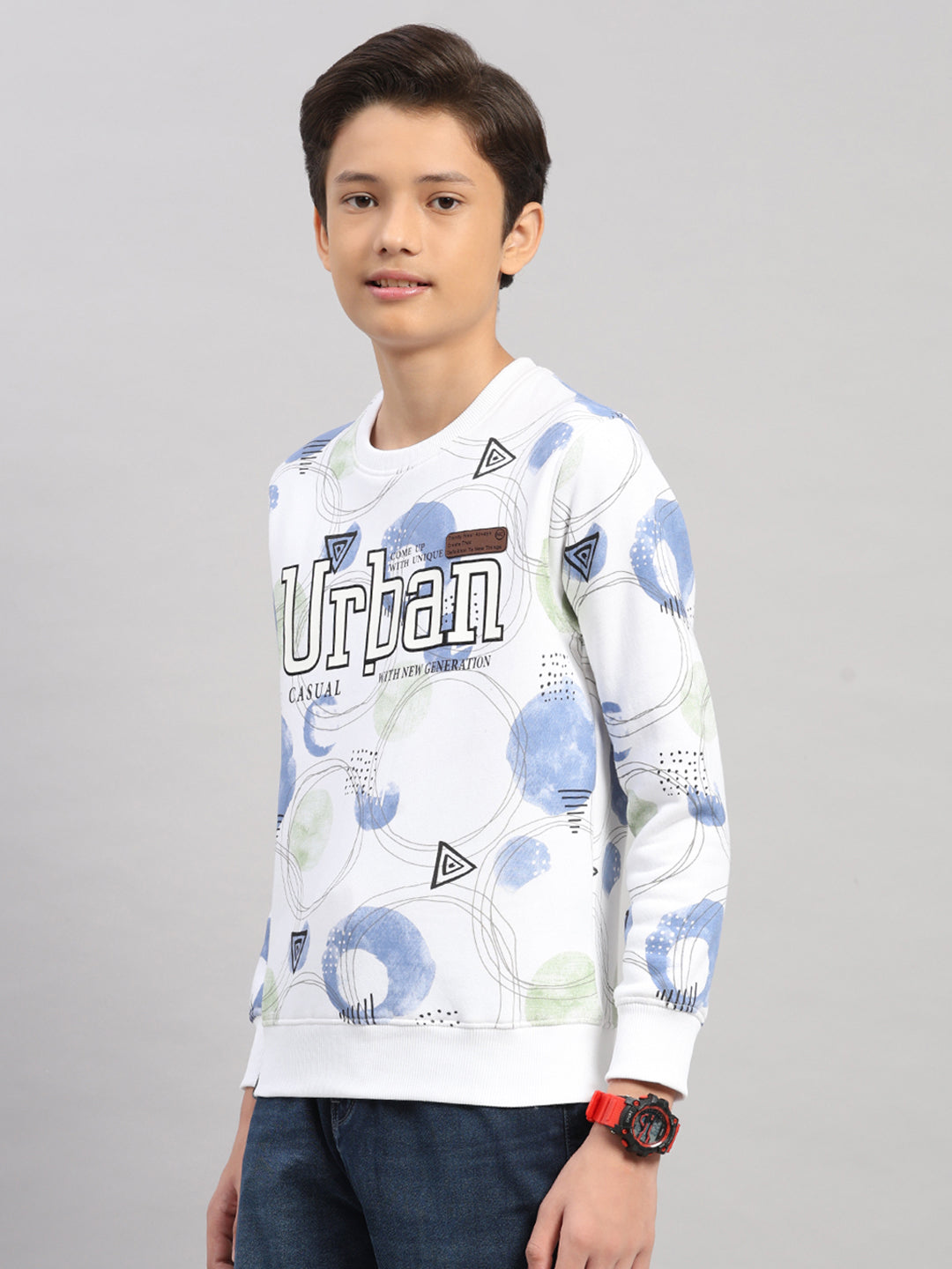 Boys White Printed Round Neck Full Sleeve Sweatshirt