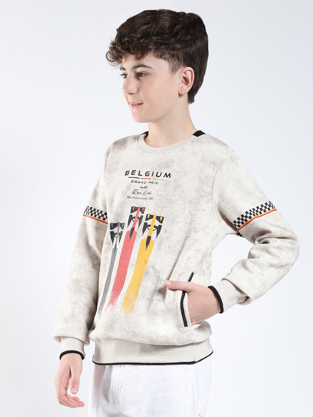 Boys Beige Printed Round Neck Full Sleeve Sweatshirt