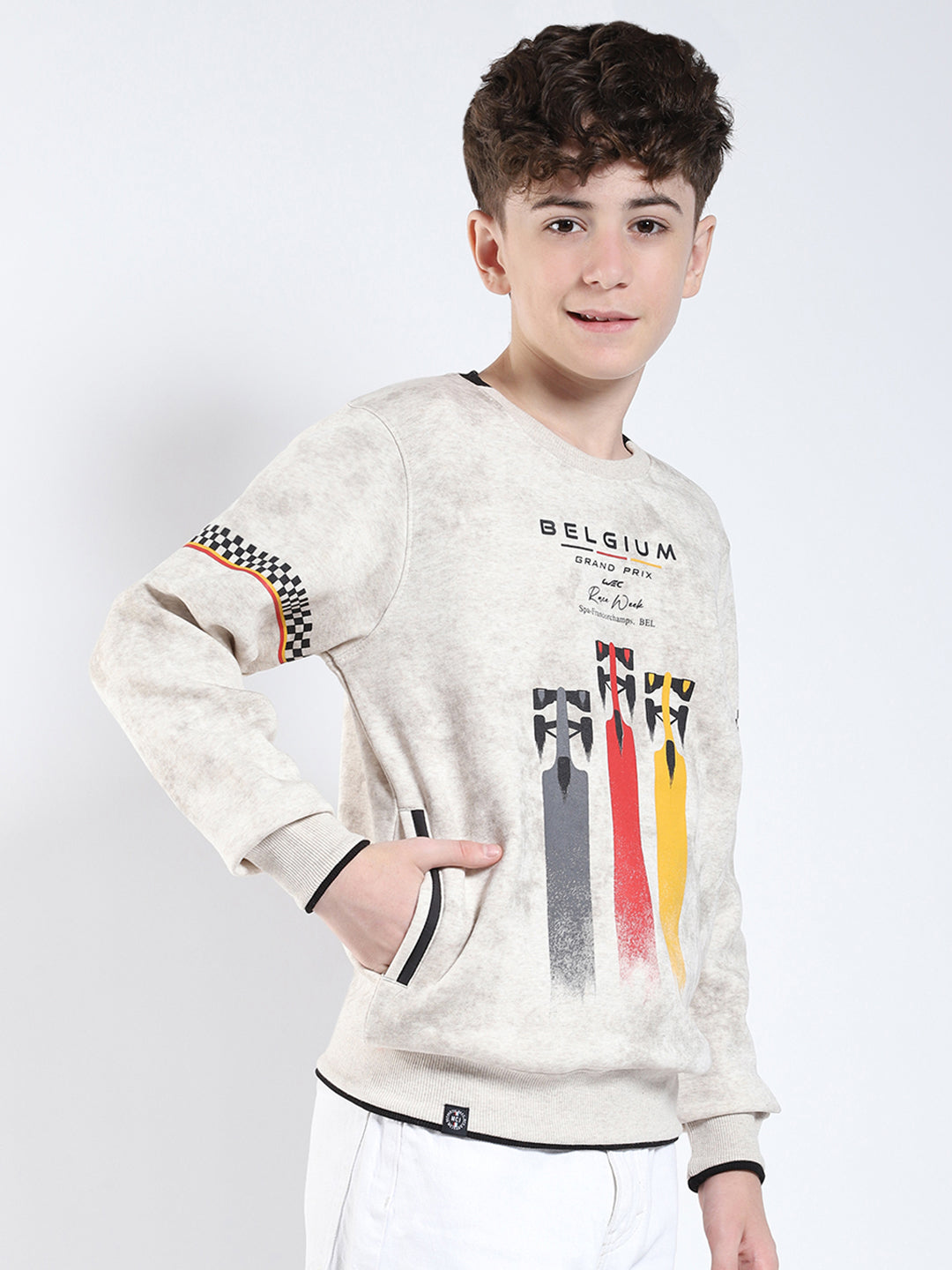 Boys Beige Printed Round Neck Full Sleeve Sweatshirt
