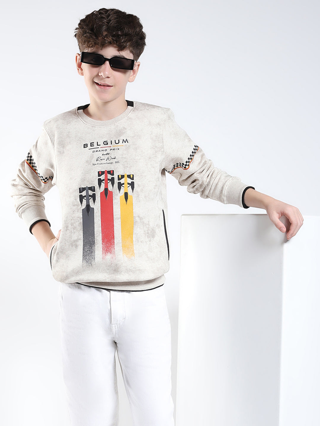 Boys Beige Printed Round Neck Full Sleeve Sweatshirt