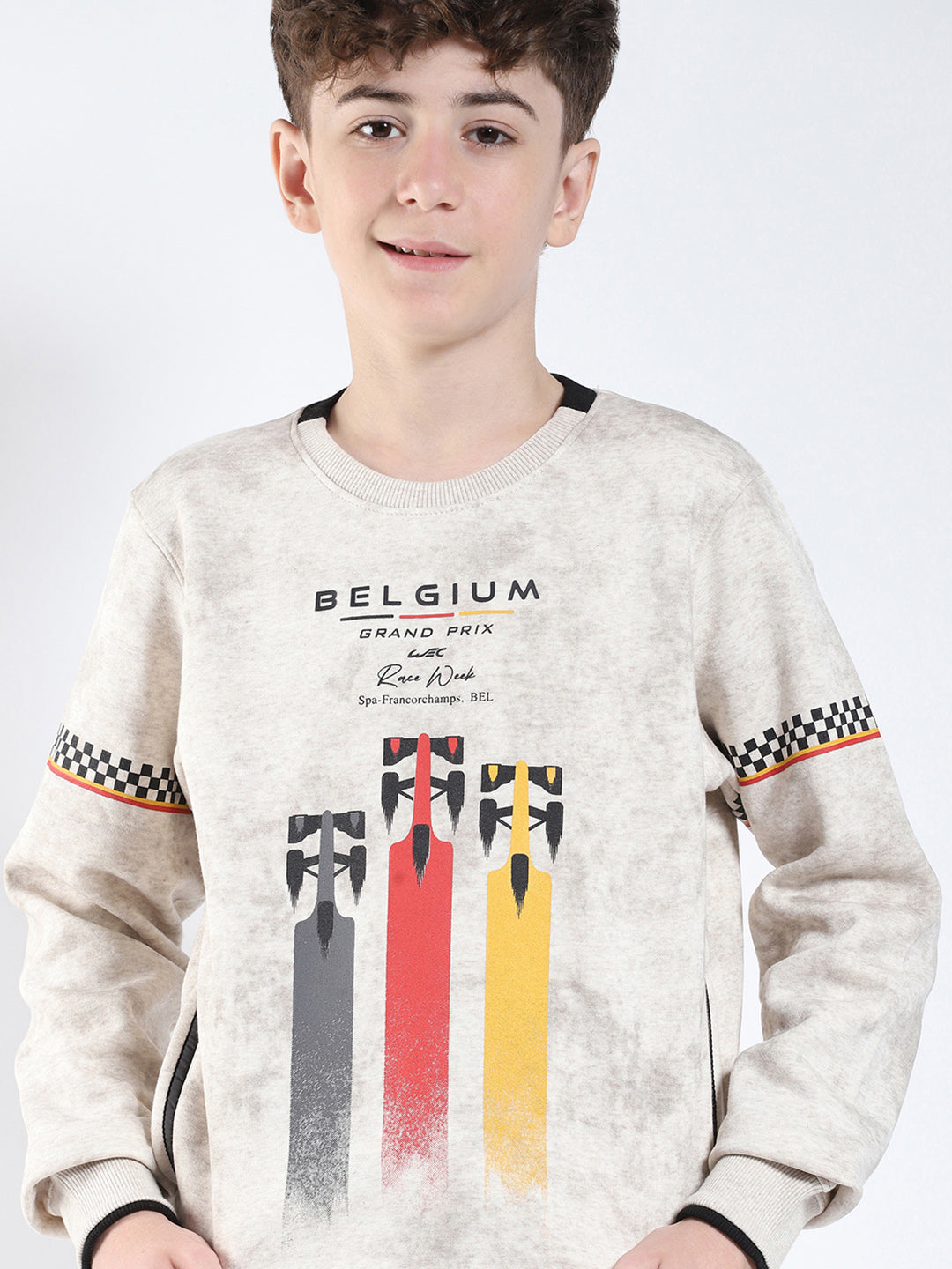 Boys Beige Printed Round Neck Full Sleeve Sweatshirt