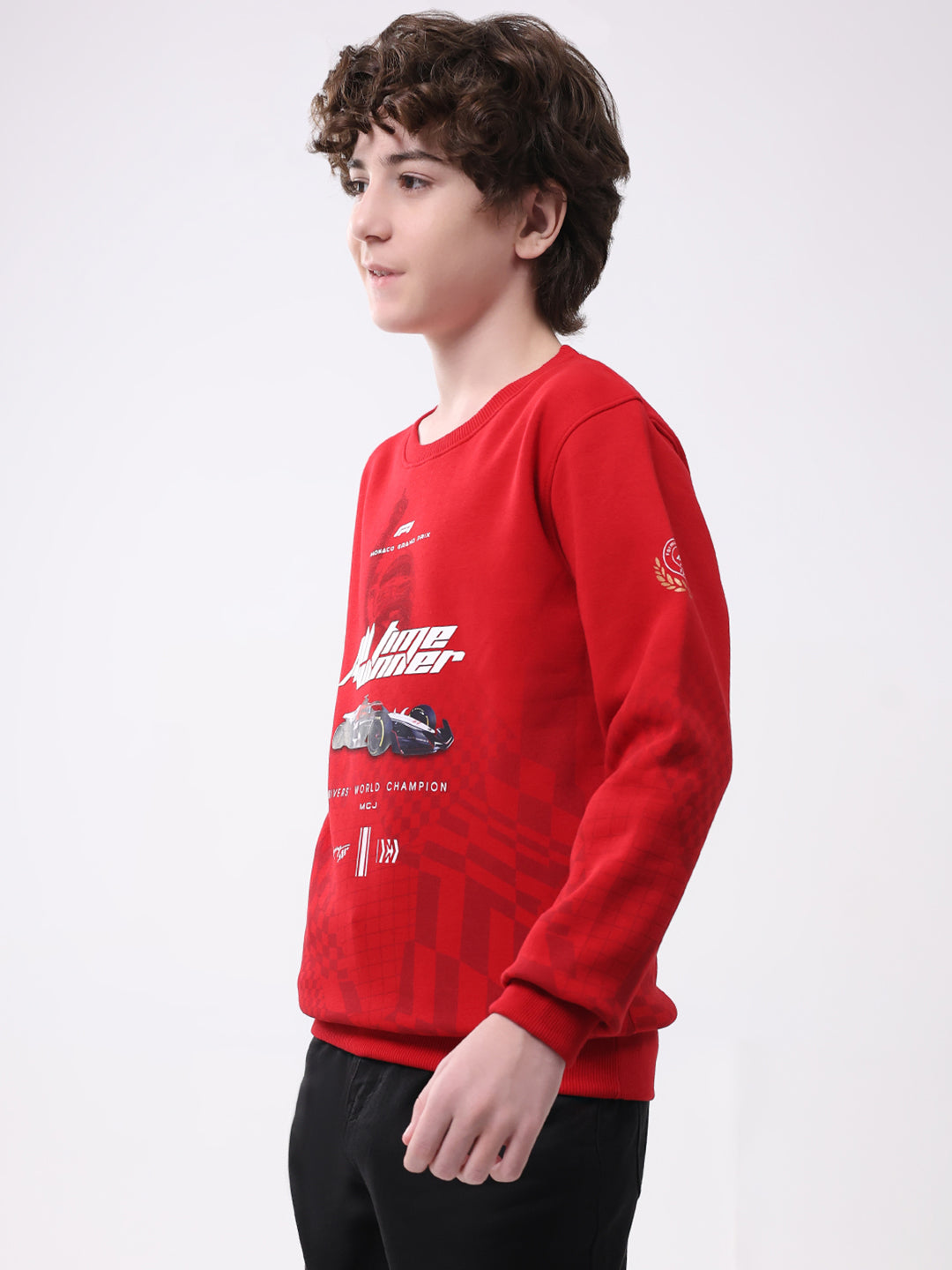 Boys Red Printed Round Neck Full Sleeve Sweatshirt