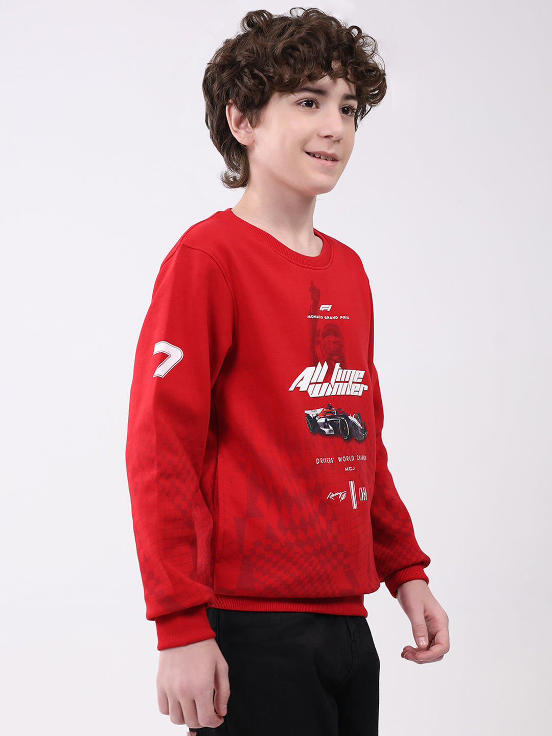 Boys Red Printed Round Neck Full Sleeve Sweatshirt