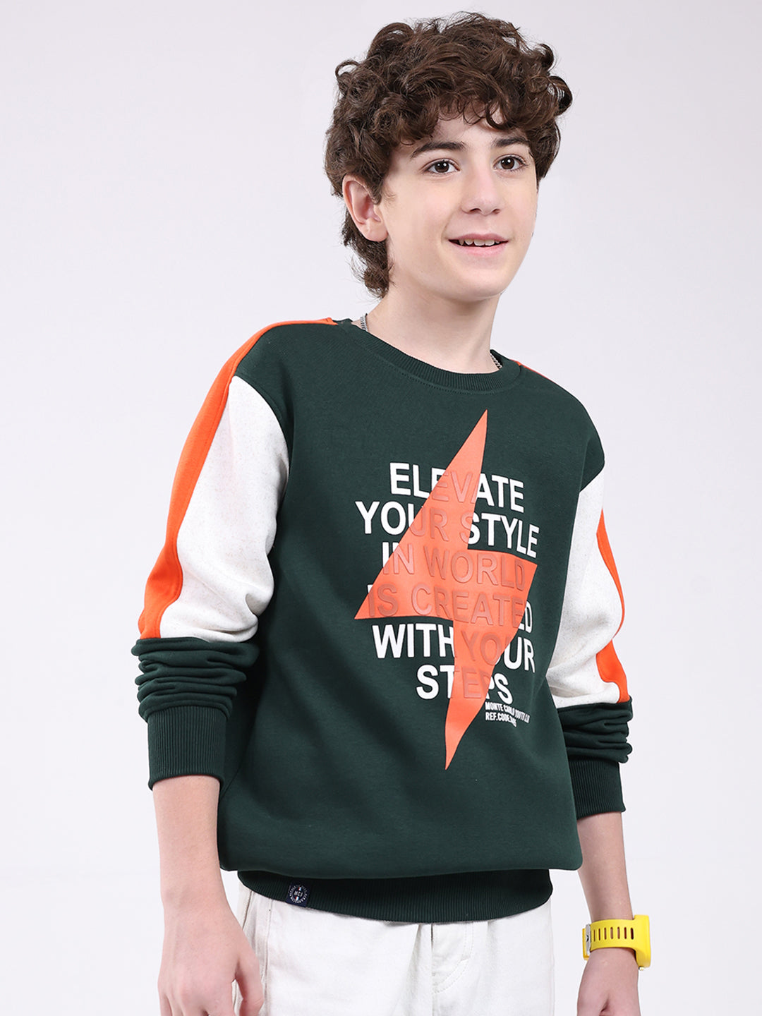 Boys Green Printed Round Neck Full Sleeve Sweatshirt