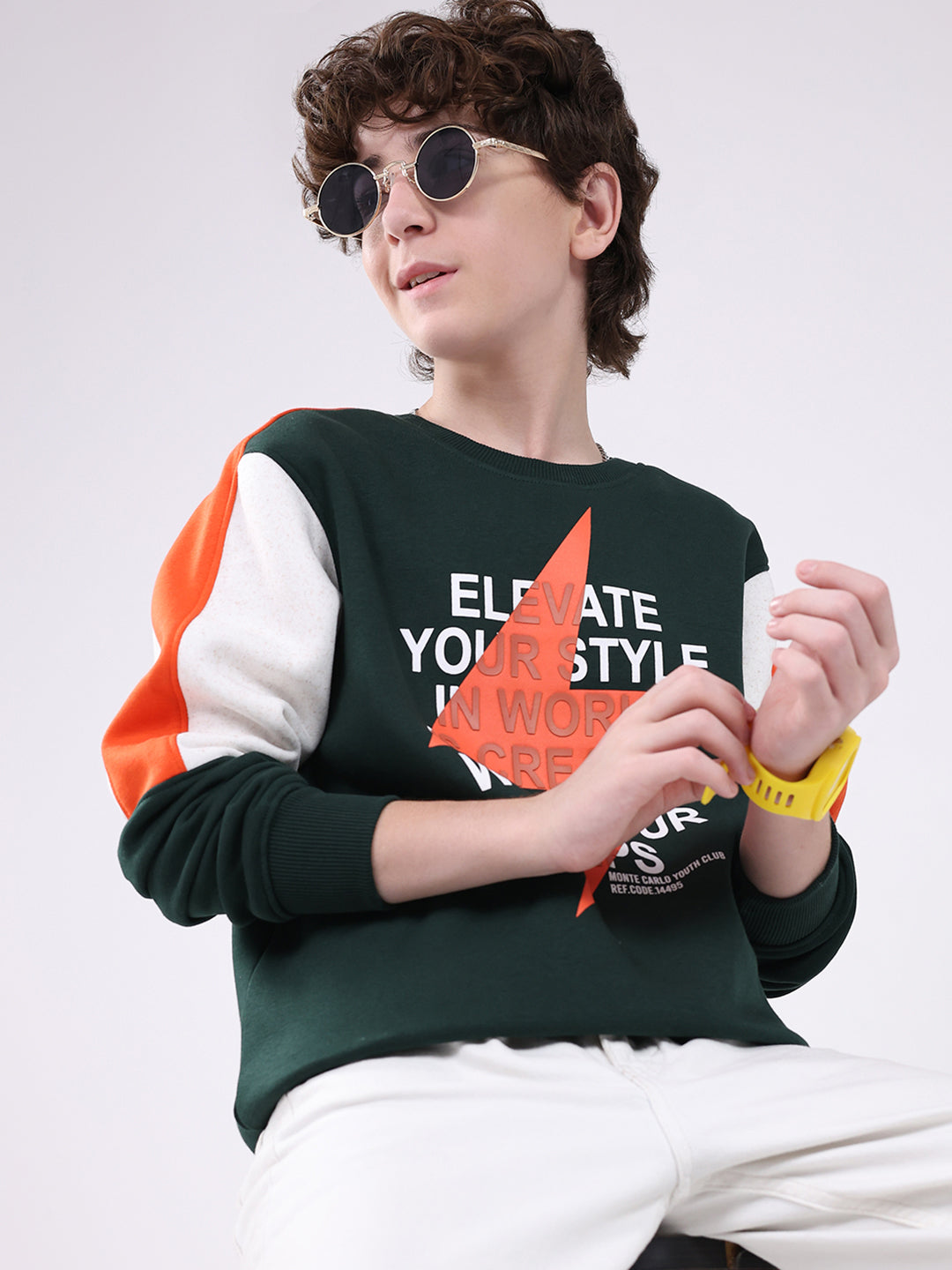 Boys Green Printed Round Neck Full Sleeve Sweatshirt