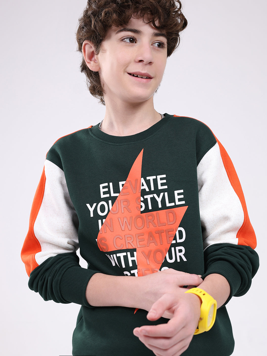 Boys Green Printed Round Neck Full Sleeve Sweatshirt