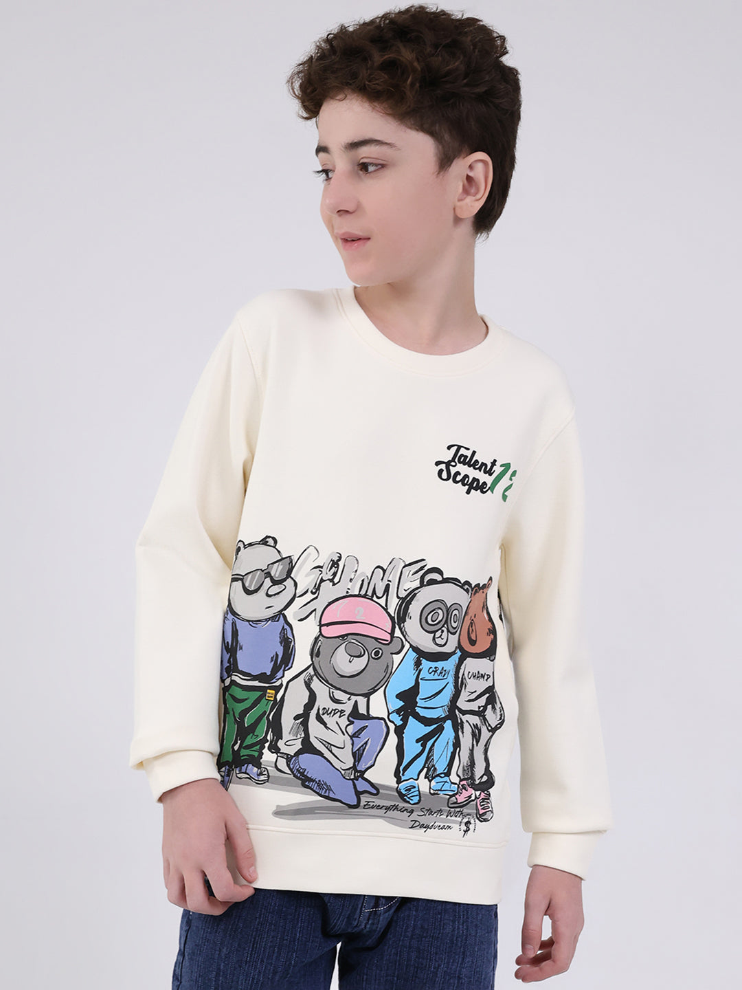 Boys Off White Printed Round Neck Full Sleeve Sweatshirt