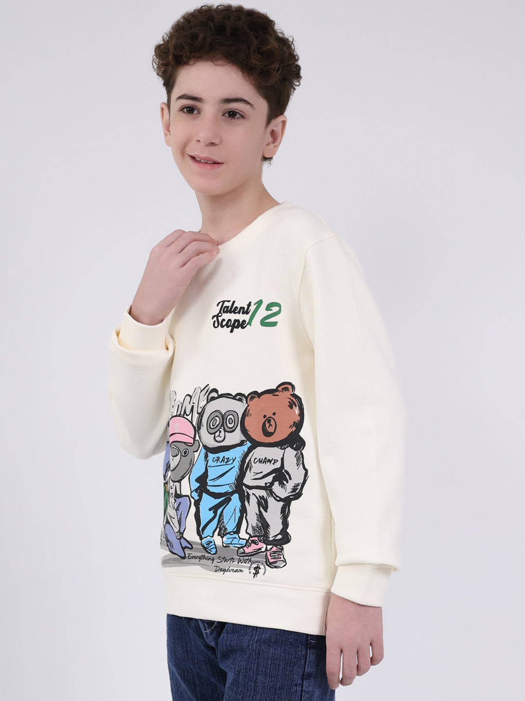 Boys Off White Printed Round Neck Full Sleeve Sweatshirt