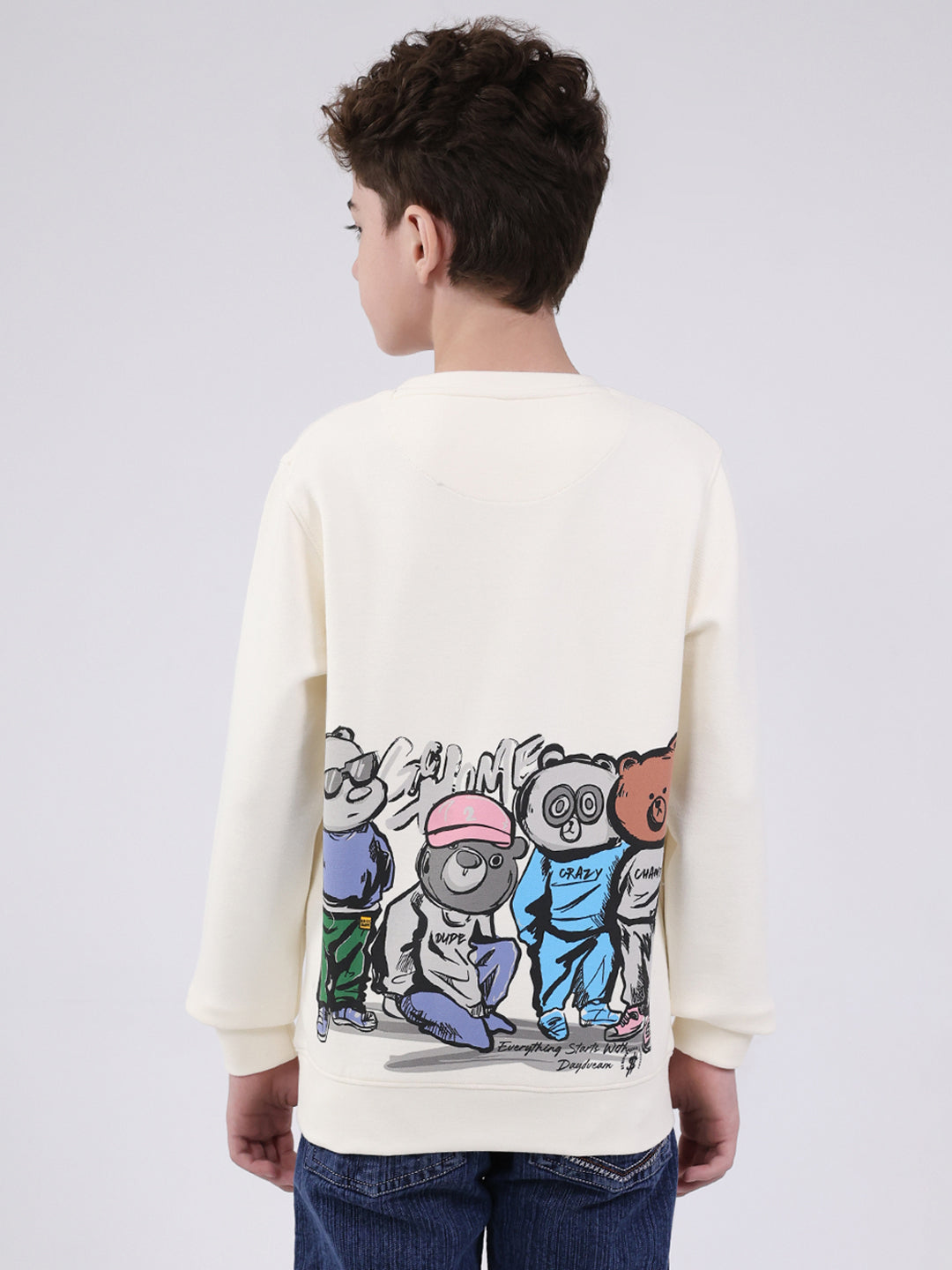 Boys Off White Printed Round Neck Full Sleeve Sweatshirt