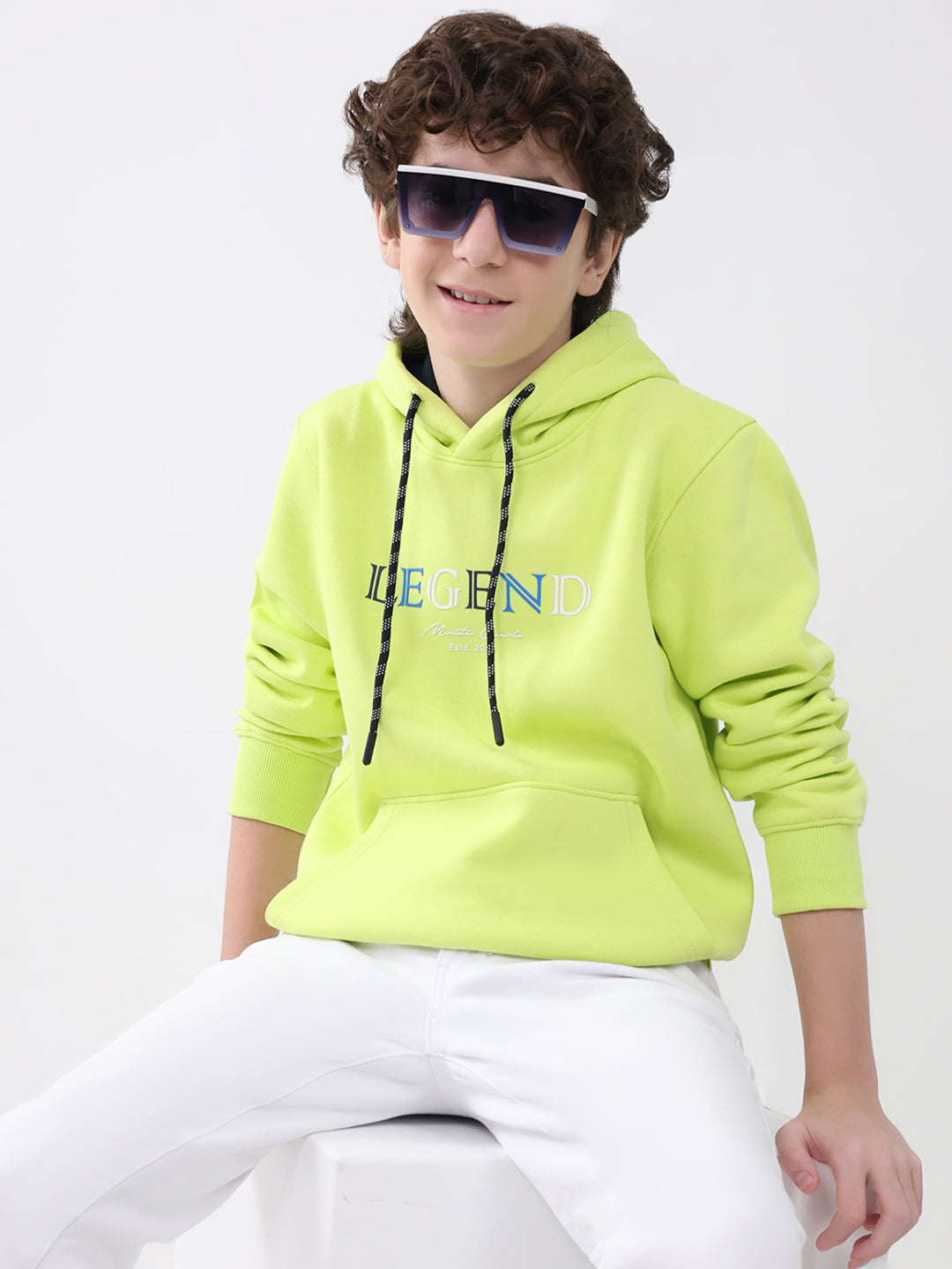 Boys Green Printed Hooded Full Sleeve Sweatshirt