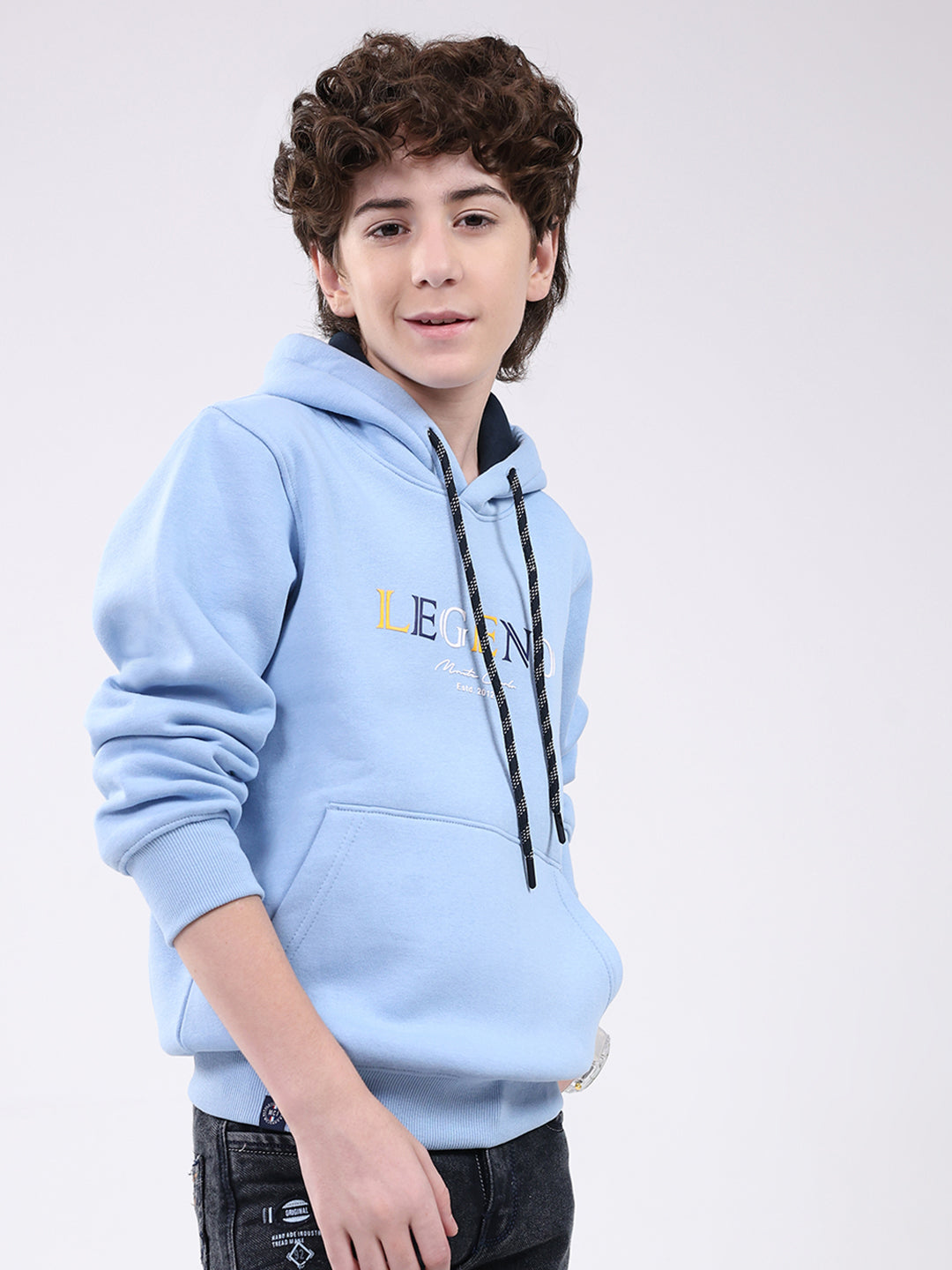 Boys Sky Blue Printed Hooded Full Sleeve Sweatshirt