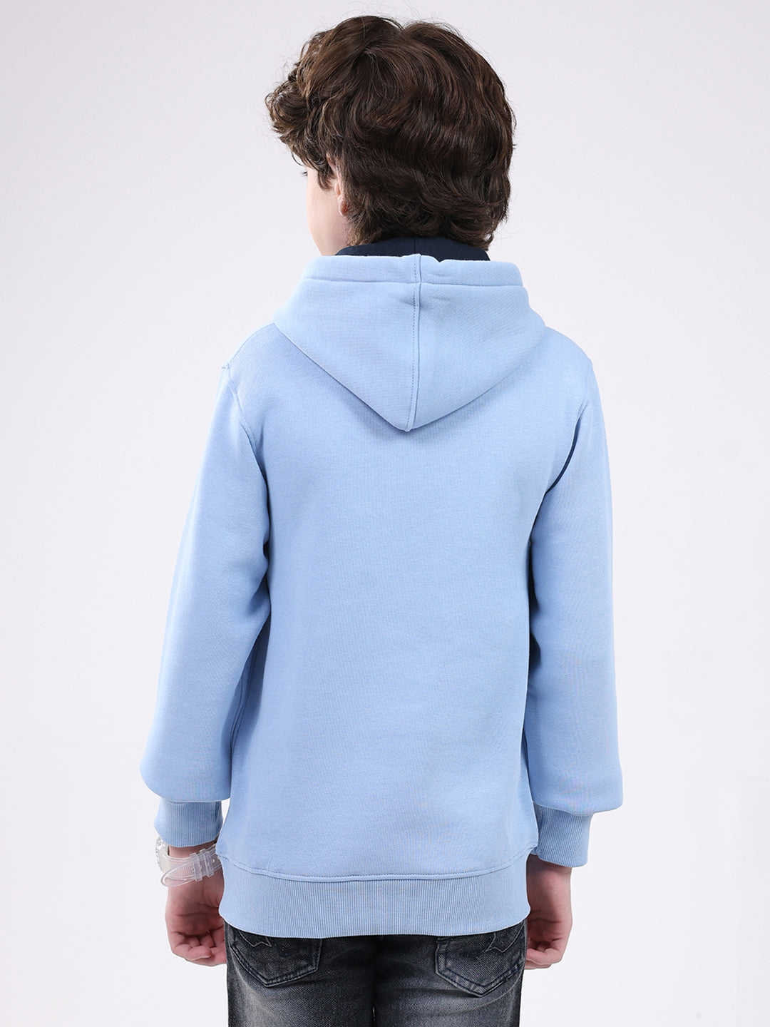 Boys Sky Blue Printed Hooded Full Sleeve Sweatshirt