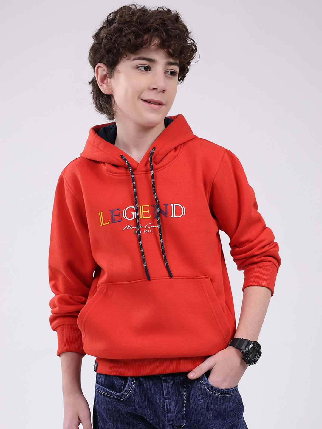 Boys Red Printed Hooded Full Sleeve Sweatshirt