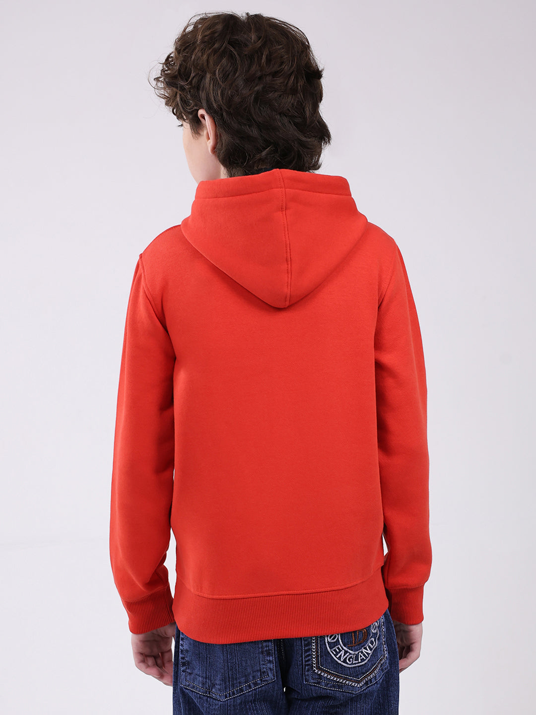 Boys Red Printed Hooded Full Sleeve Sweatshirt
