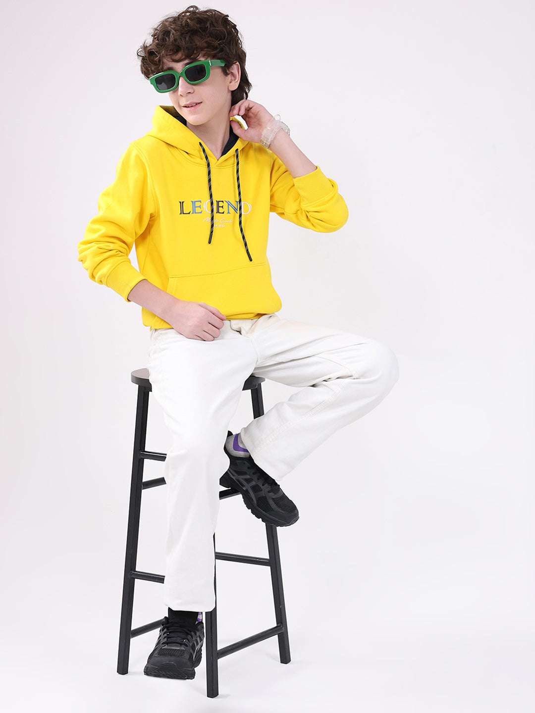 Boys Yellow Printed Hooded Full Sleeve Sweatshirt