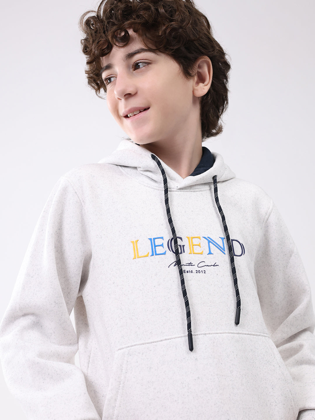 Boys Light Grey Printed Hooded Full Sleeve Sweatshirt