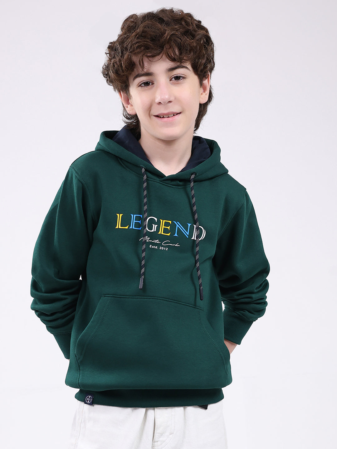 Boys Green Printed Hooded Full Sleeve Sweatshirt