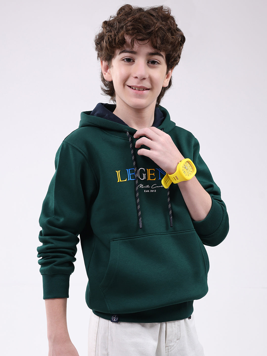 Boys Green Printed Hooded Full Sleeve Sweatshirt