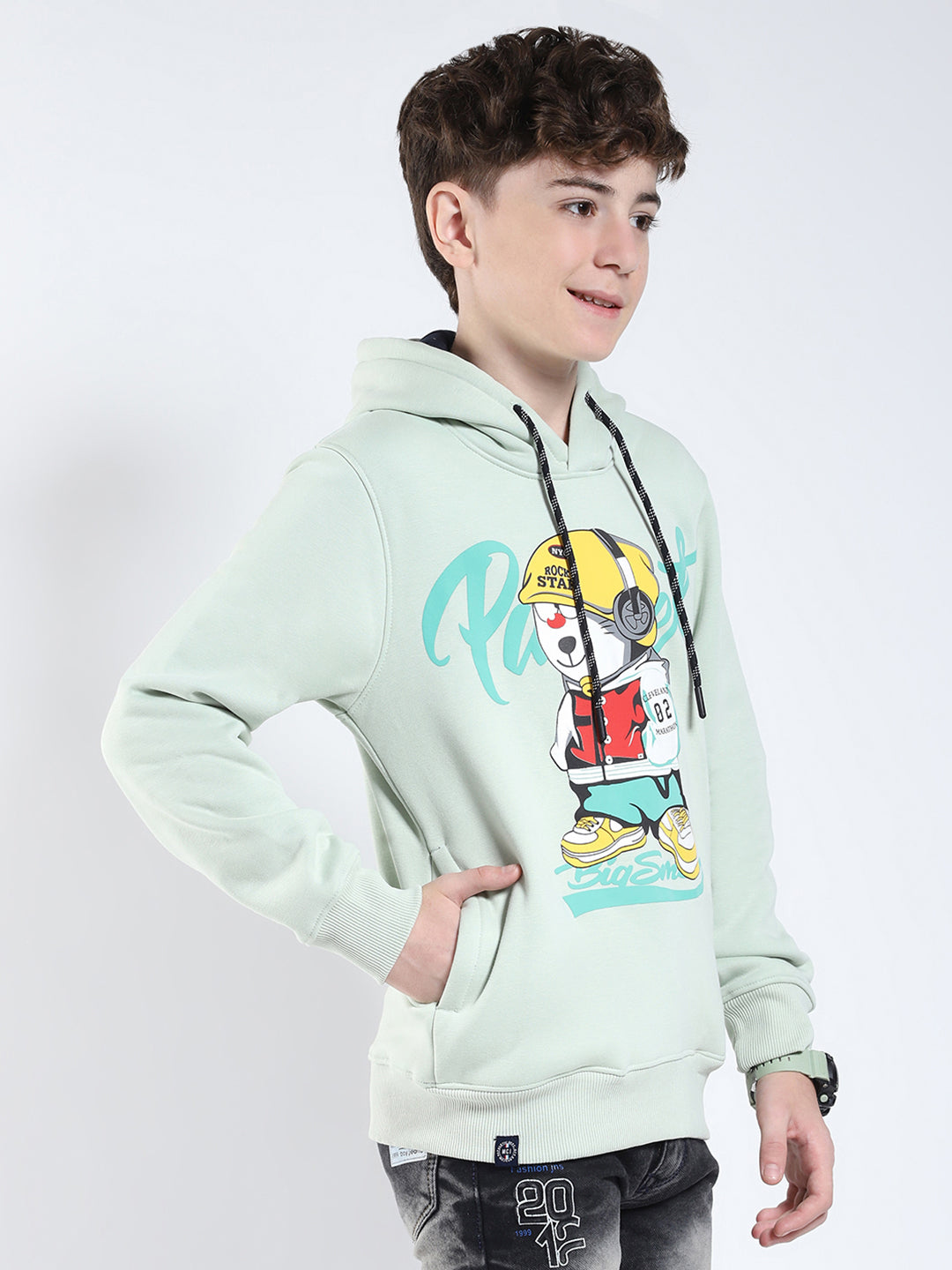 Boys Green Printed Round Neck Full Sleeve Sweatshirt