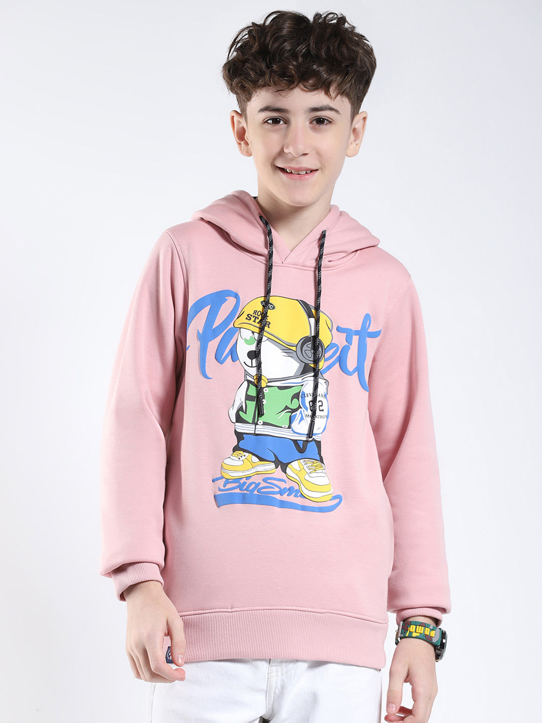 Boys Pink Printed Round Neck Full Sleeve Sweatshirt