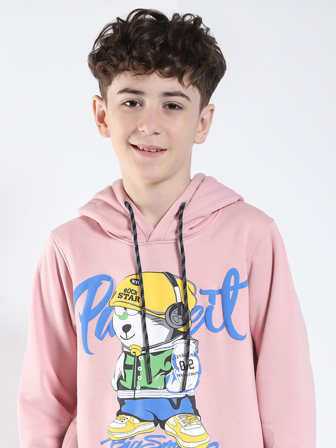 Boys Pink Printed Round Neck Full Sleeve Sweatshirt