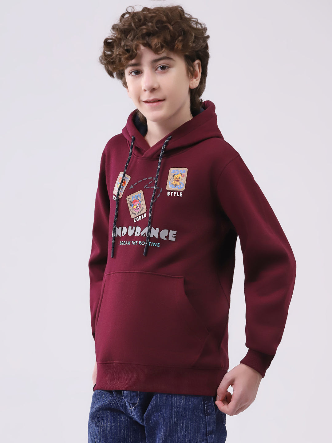 Boys Maroon Printed Hooded Full Sleeve Sweatshirt