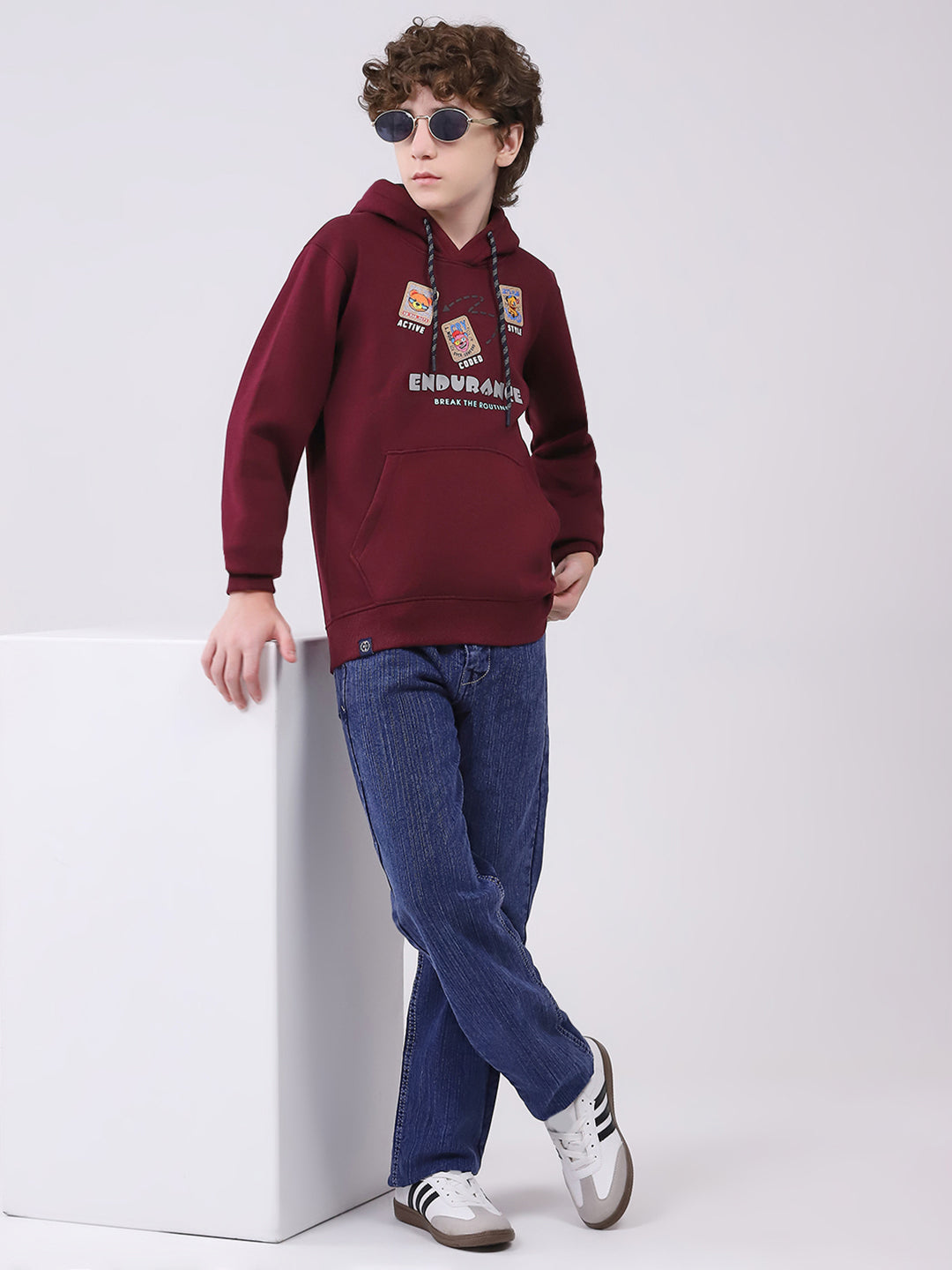 Boys Maroon Printed Hooded Full Sleeve Sweatshirt