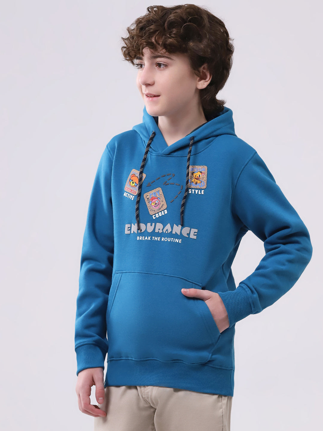 Boys Teal Blue Printed Hooded Full Sleeve Sweatshirt