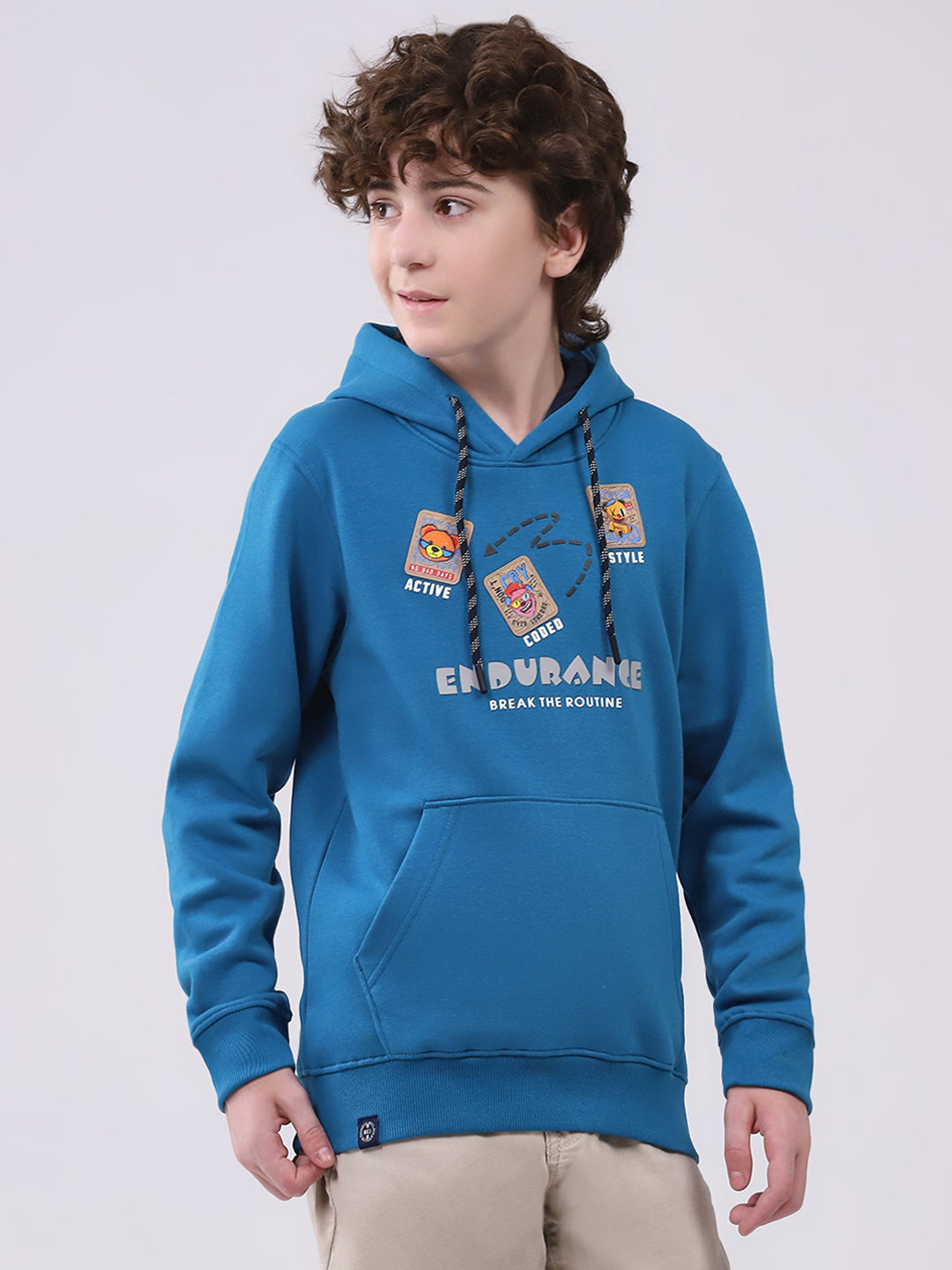 Boys Teal Blue Printed Hooded Full Sleeve Sweatshirt