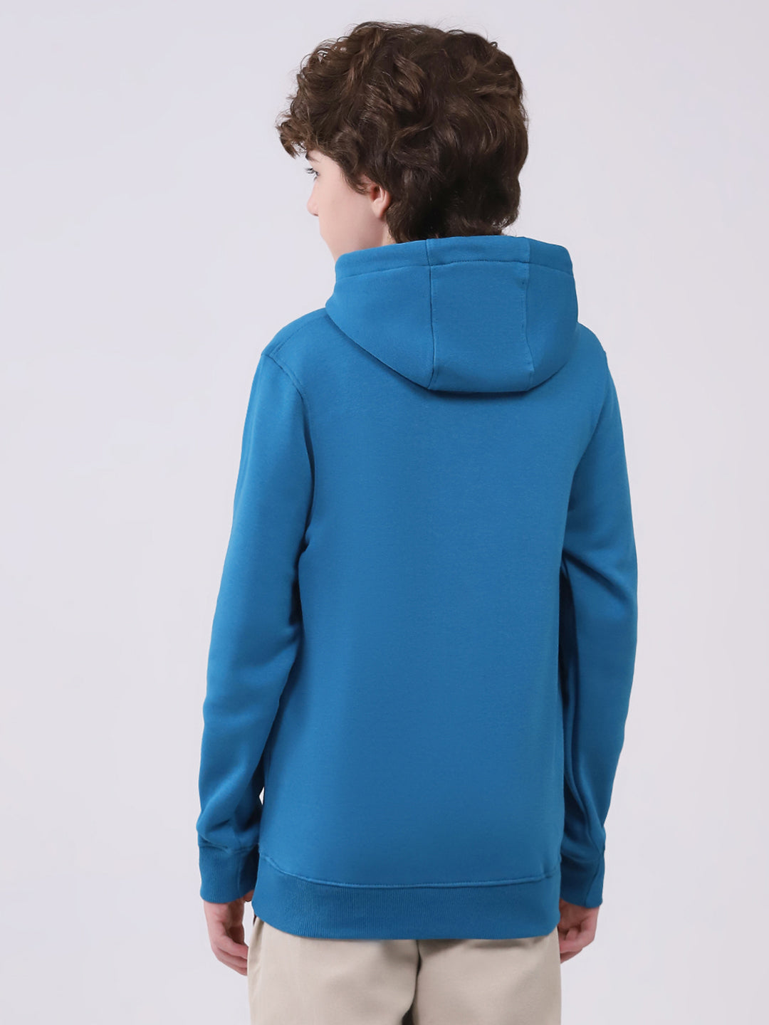 Boys Teal Blue Printed Hooded Full Sleeve Sweatshirt