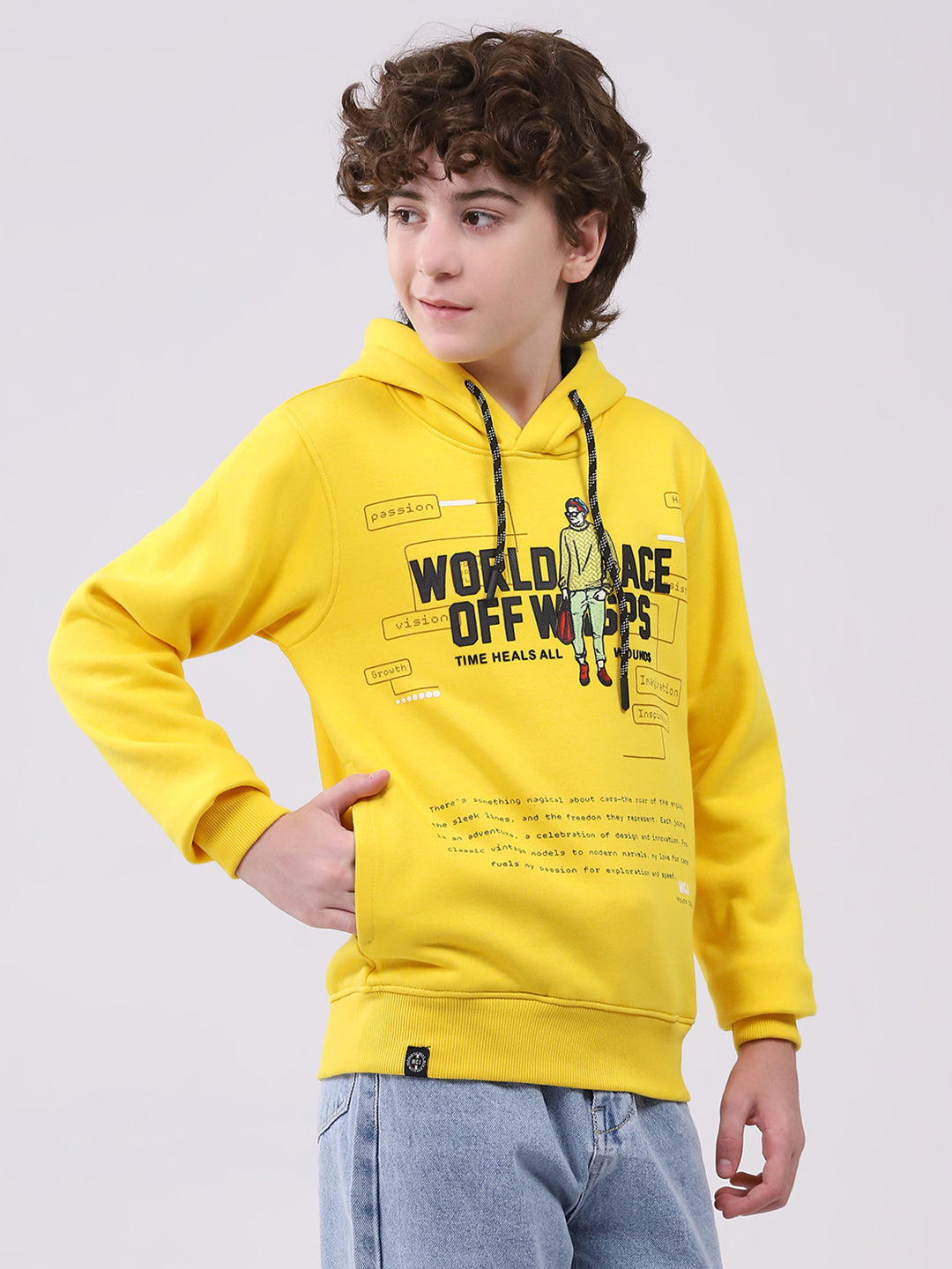Boys Mustard Printed Hooded Full Sleeve Sweatshirt