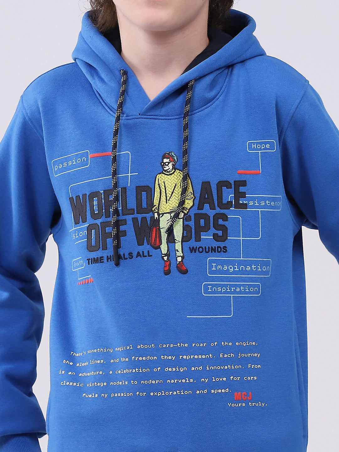 Boys Blue Printed Hooded Full Sleeve Sweatshirt