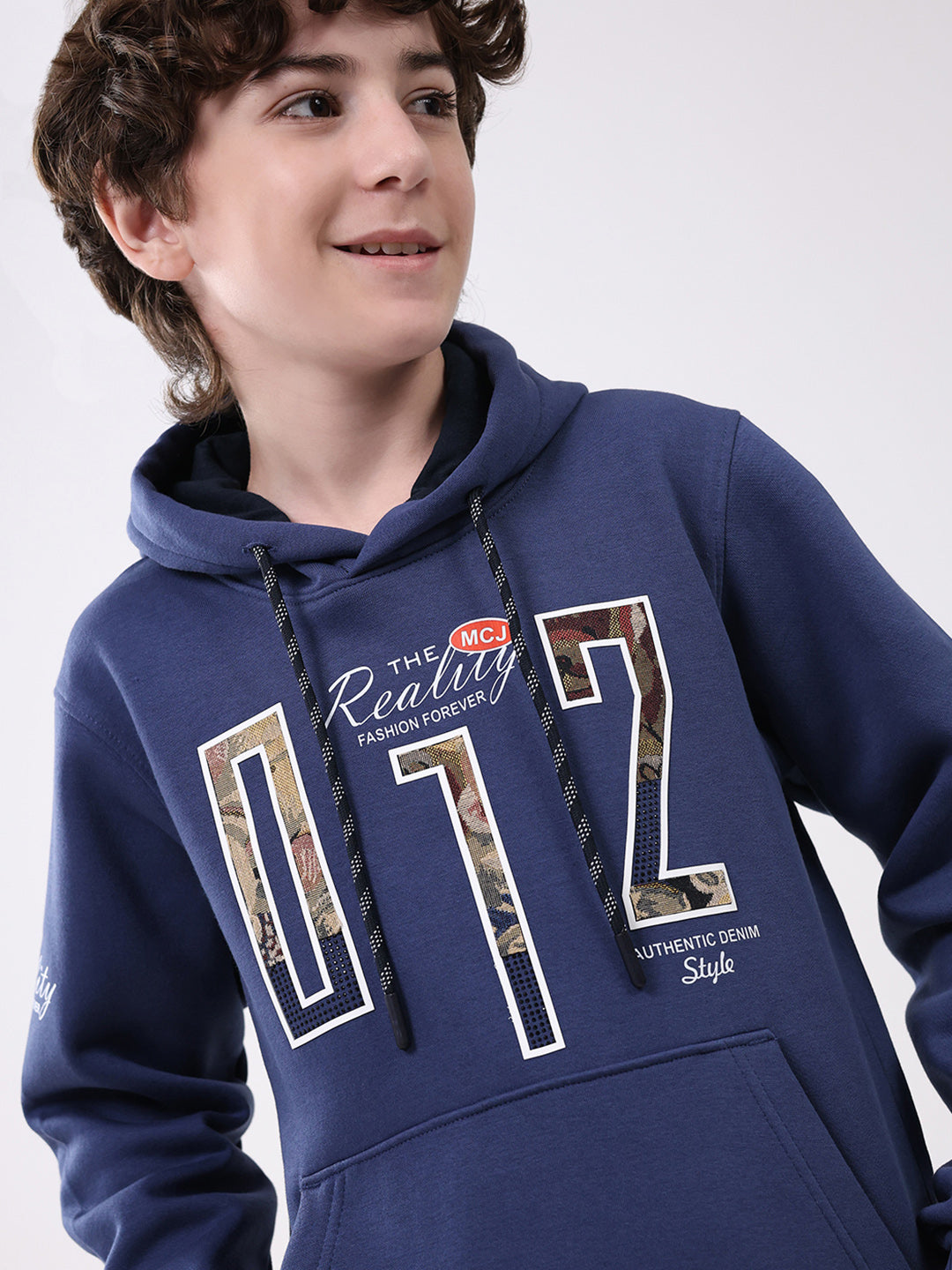 Boys Blue Printed Hooded Full Sleeve Sweatshirt