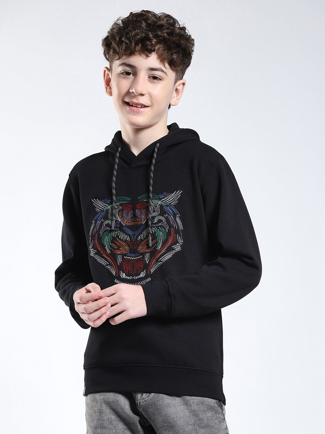 Boys Black Printed Hooded Full Sleeve Sweatshirt